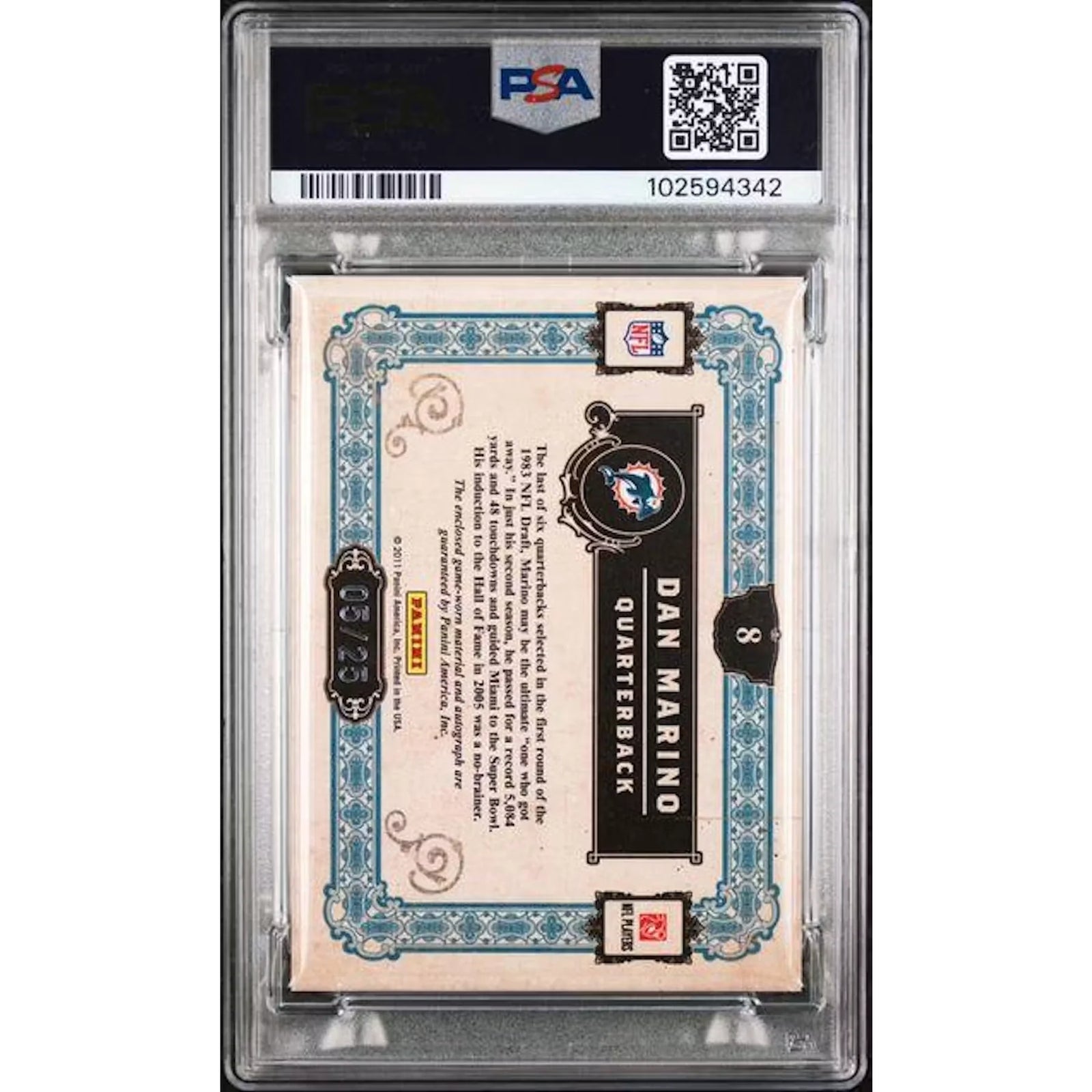 Dan Marino Signed Patch Card | 2011 Gold Standard/25