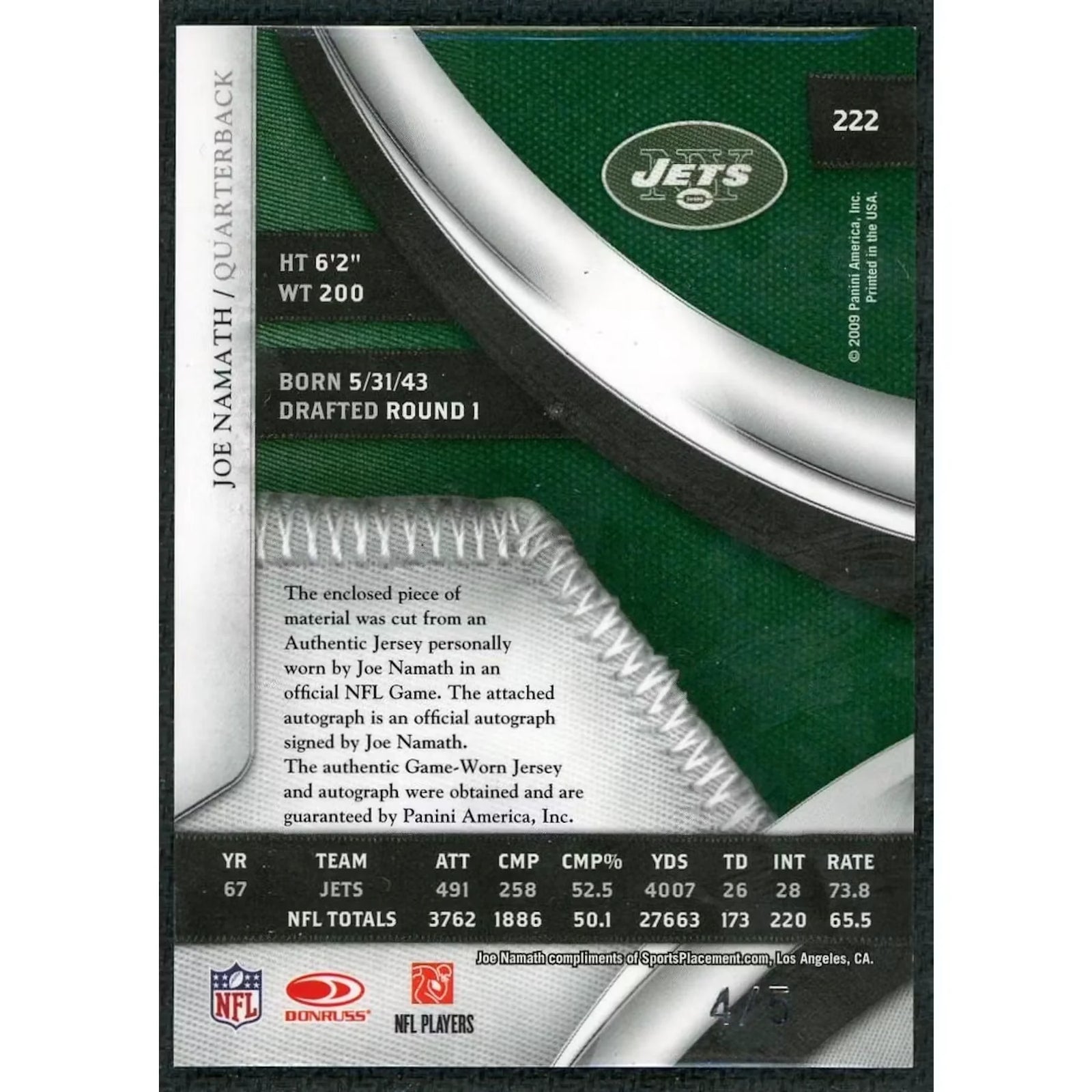 Joe Namath Signed Patch Card | 2009 National Treasures Auto/5