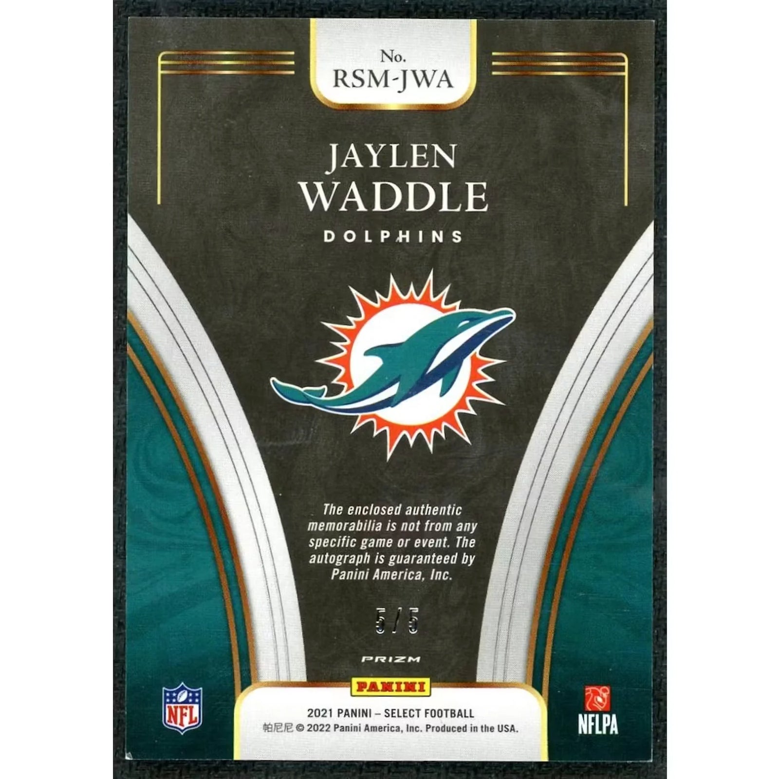Jaylen Waddle 2021 Panini Select Rookie Patch Auto | Green/5