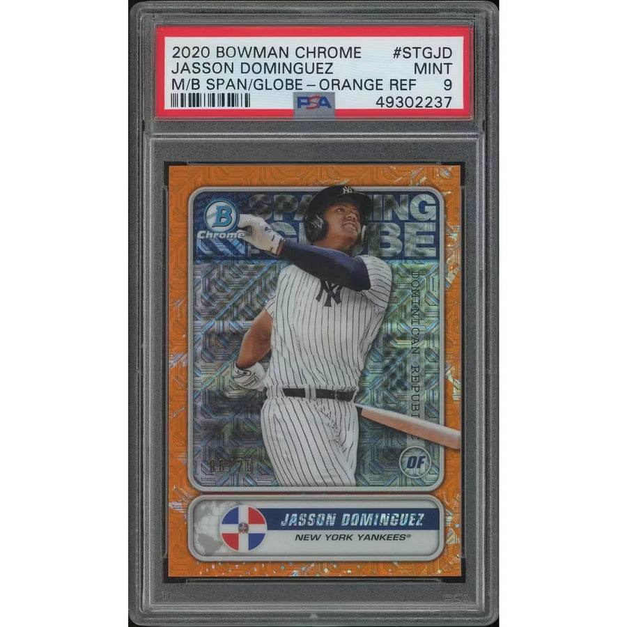 2020 Bowman Chrome Mega Box Baseball #STGJD Jasson Dominguez Orange Spanning the Globe Refractor #06/25 PSA 9 (Ships Sealed Only)