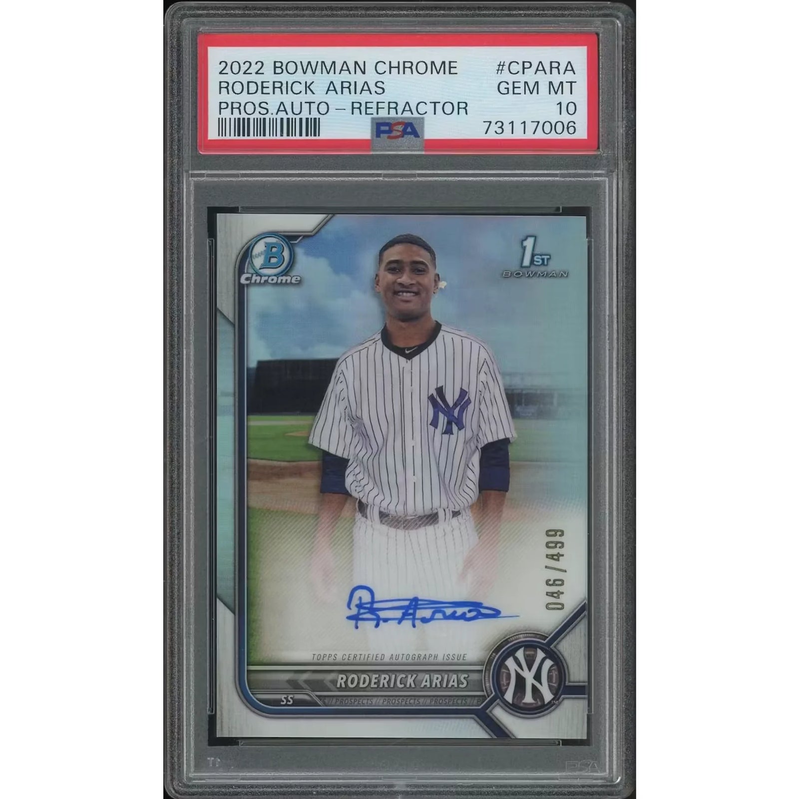 Roderick Arias 2022 Bowman Chrome Prospect Rookie Refractor Auto | PSA 10 Gem Mint #046