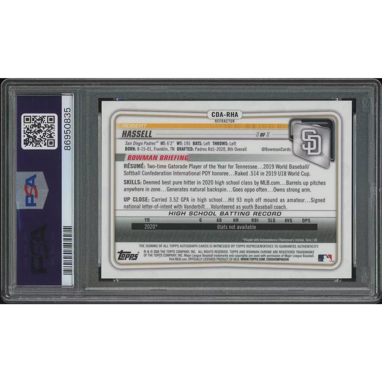 Robert Hassell Signed 2020 Bowman Chrome Draft Rookie Refractor | PSA 10 Gem Mint #135