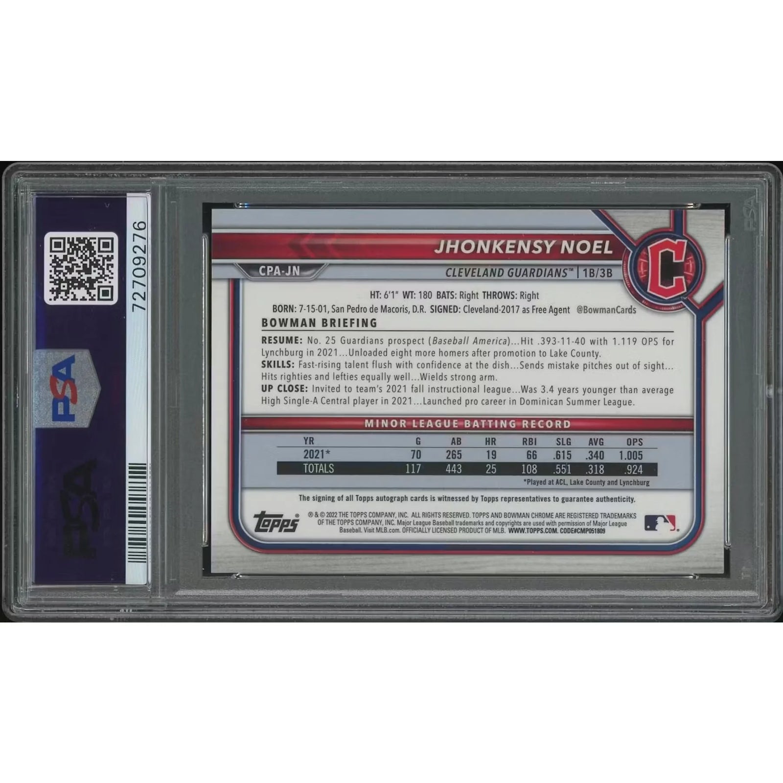 Jhonkensy Noel Signed 2022 Bowman Chrome Gold Refractor Rookie Auto | PSA 9 #37