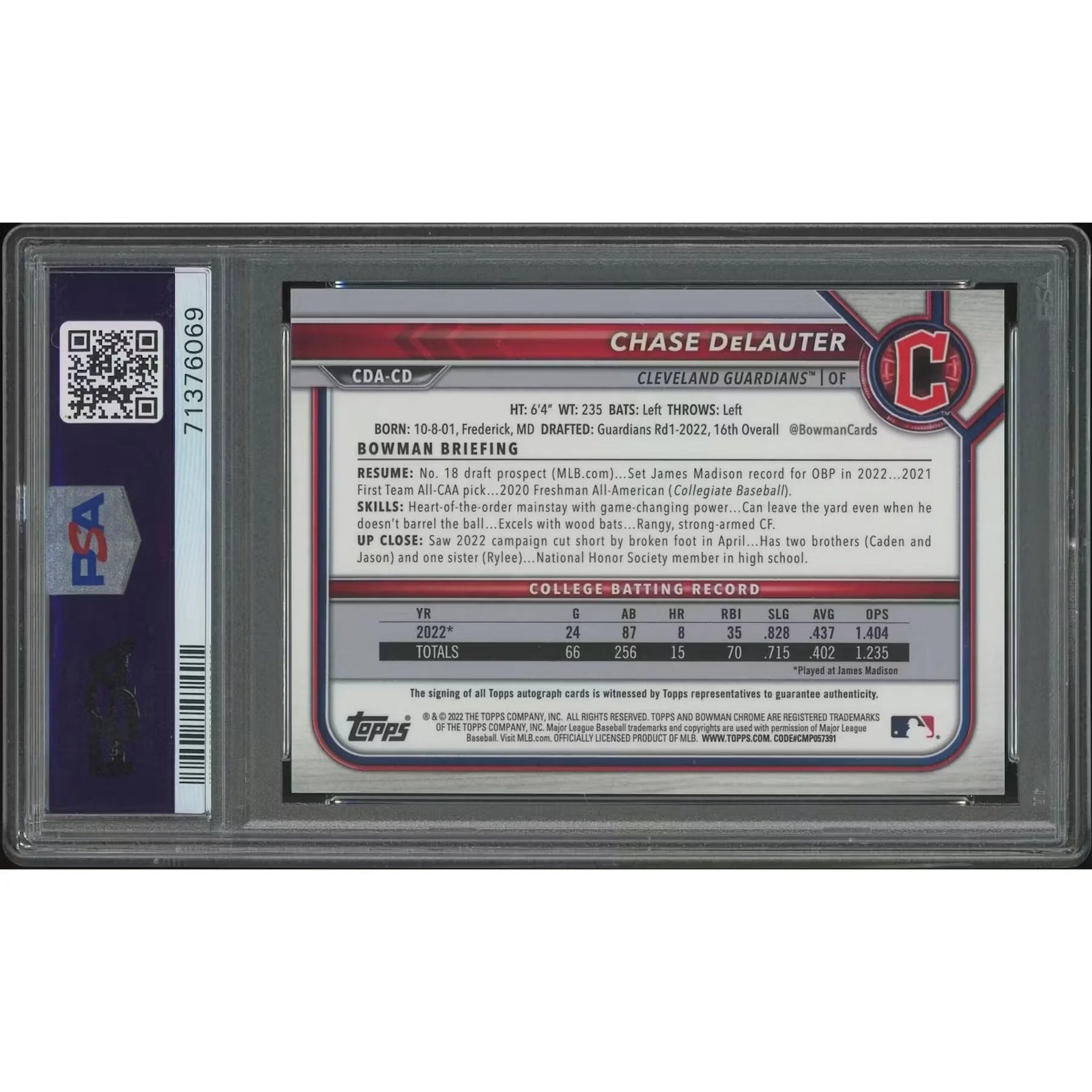 Chase DeLauter 2022 Bowman Chrome Draft Rookie Auto | PSA 10 Gem Mint
