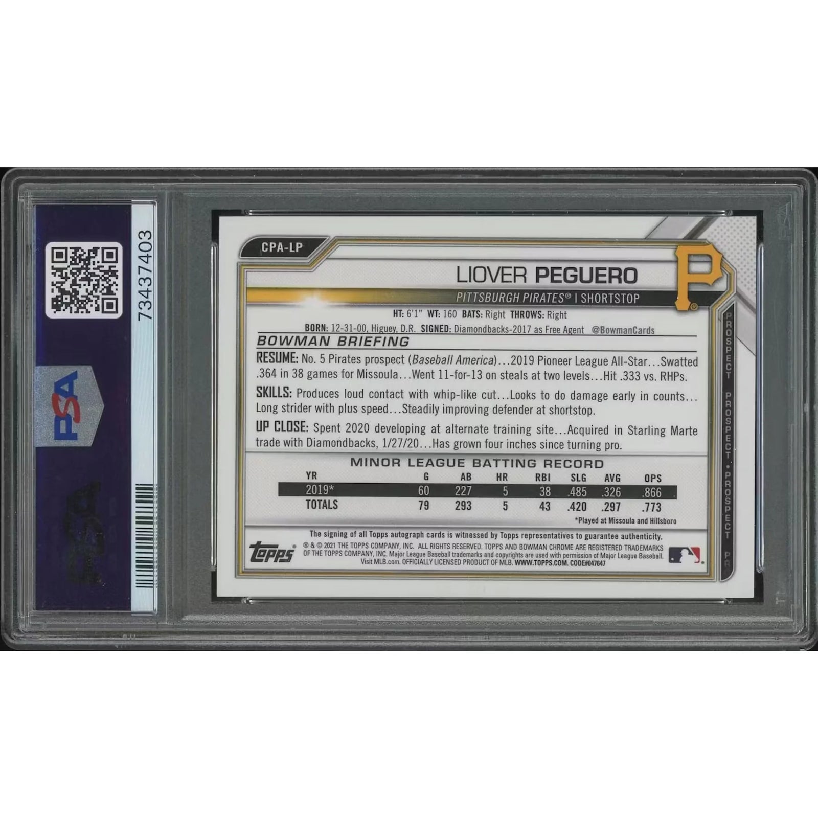 2021 Bowman Chrome Baseball #CPALP Liover Peguero Choice Refractor Prospect Rookie Auto #132/150 PSA 10 132 Card