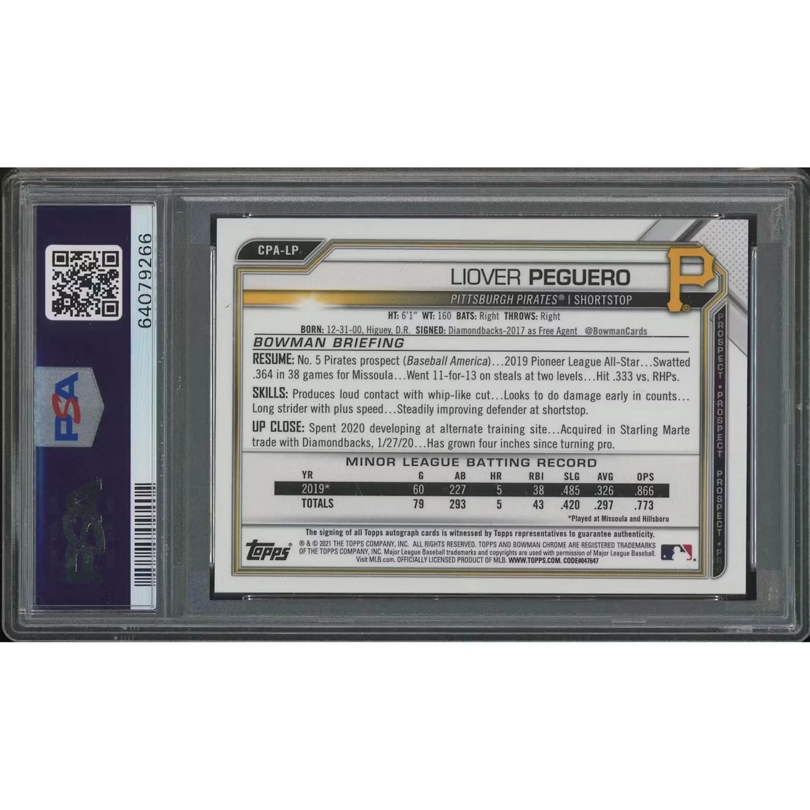 Liover Peguero Signed 2021 Bowman Chrome Rookie #285 Card | PSA 10 Gem Mint