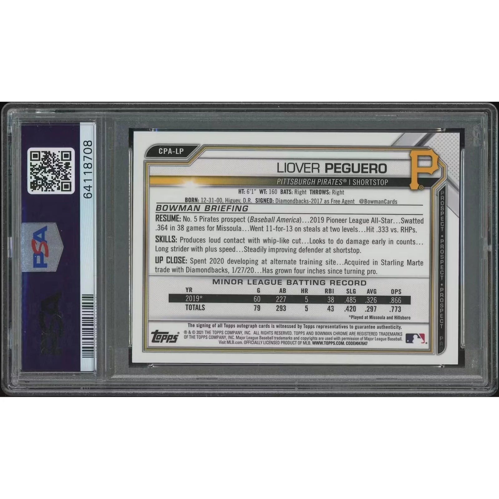 Liover Peguero Signed 2021 Bowman Chrome #240 Card | PSA 10 Speckle Refractor