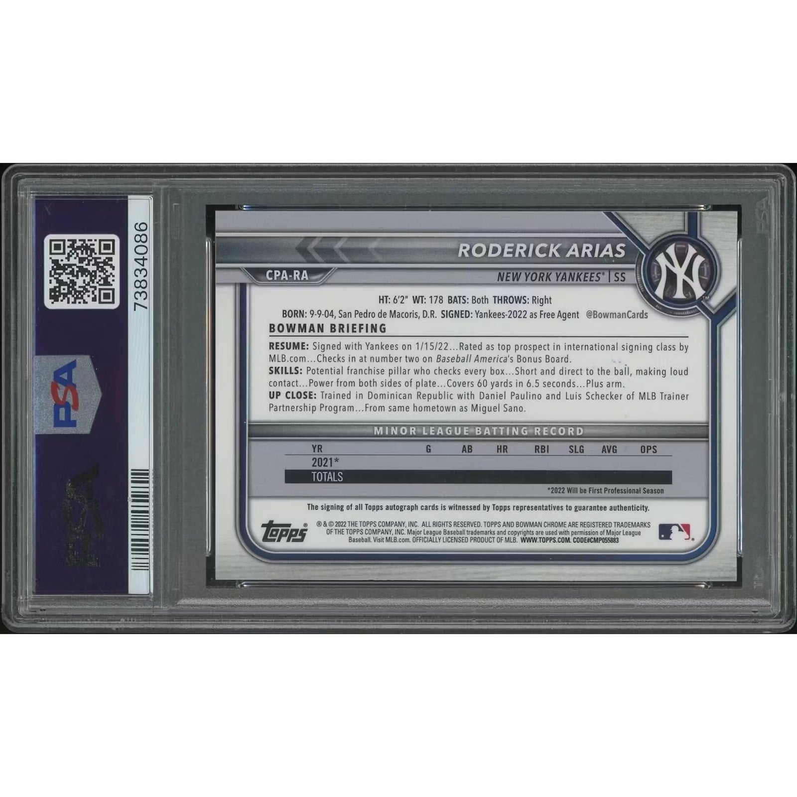 Roderick Arias 2022 Bowman Chrome Rookie Auto | PSA 9 Speckle Refractor #128