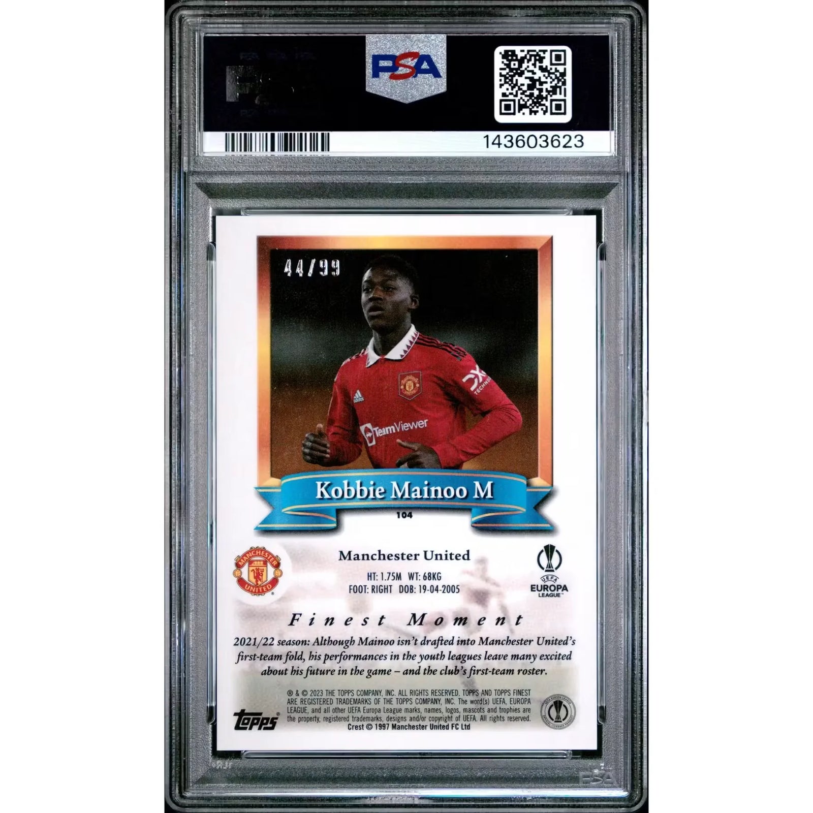 Kobbie Mainoo 2022 Topps Finest Flashbacks Blue Refractor/99 | PSA 10