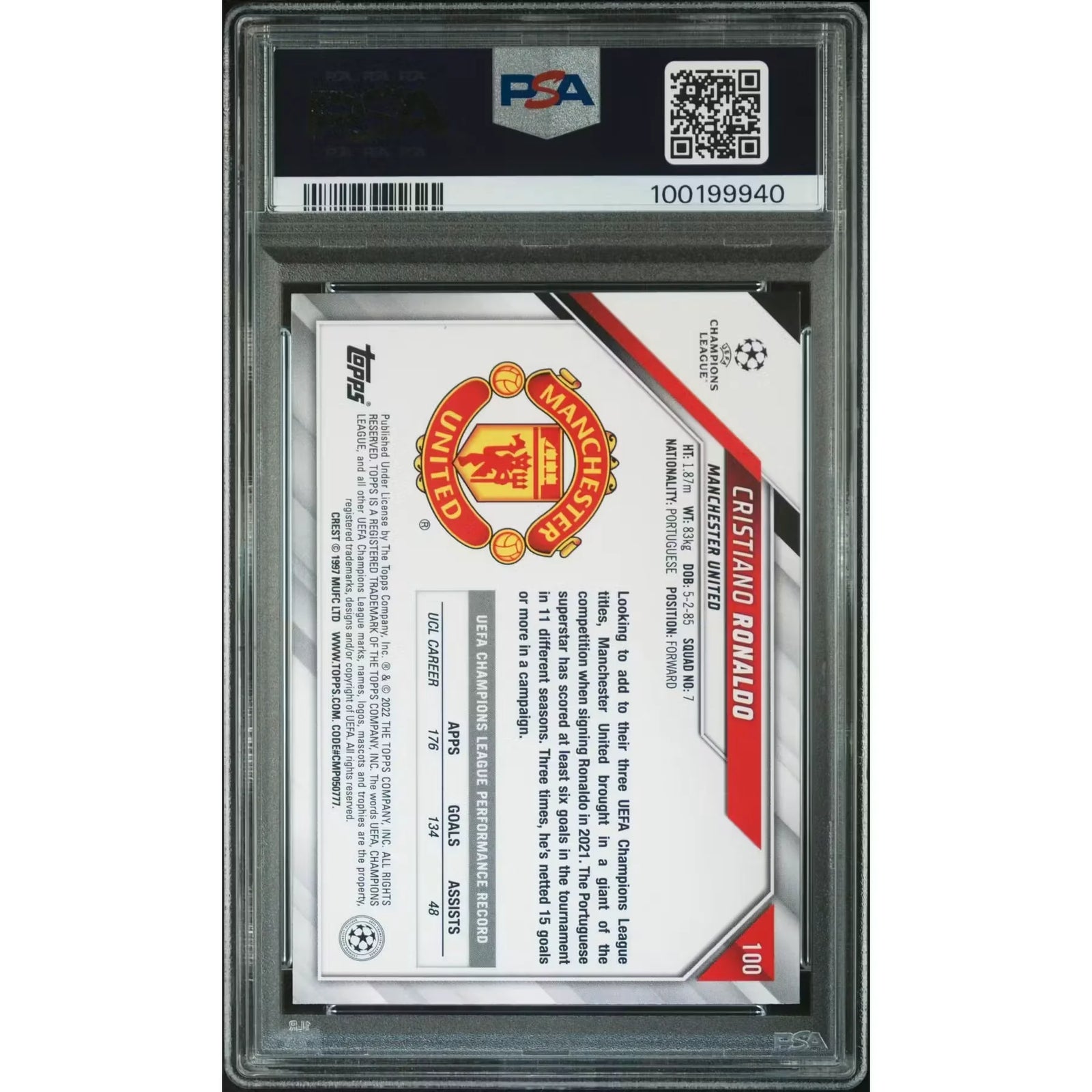 Cristiano Ronaldo 2021-22 Topps UEFA Champions League #100 Sparkle Foil | PSA 10