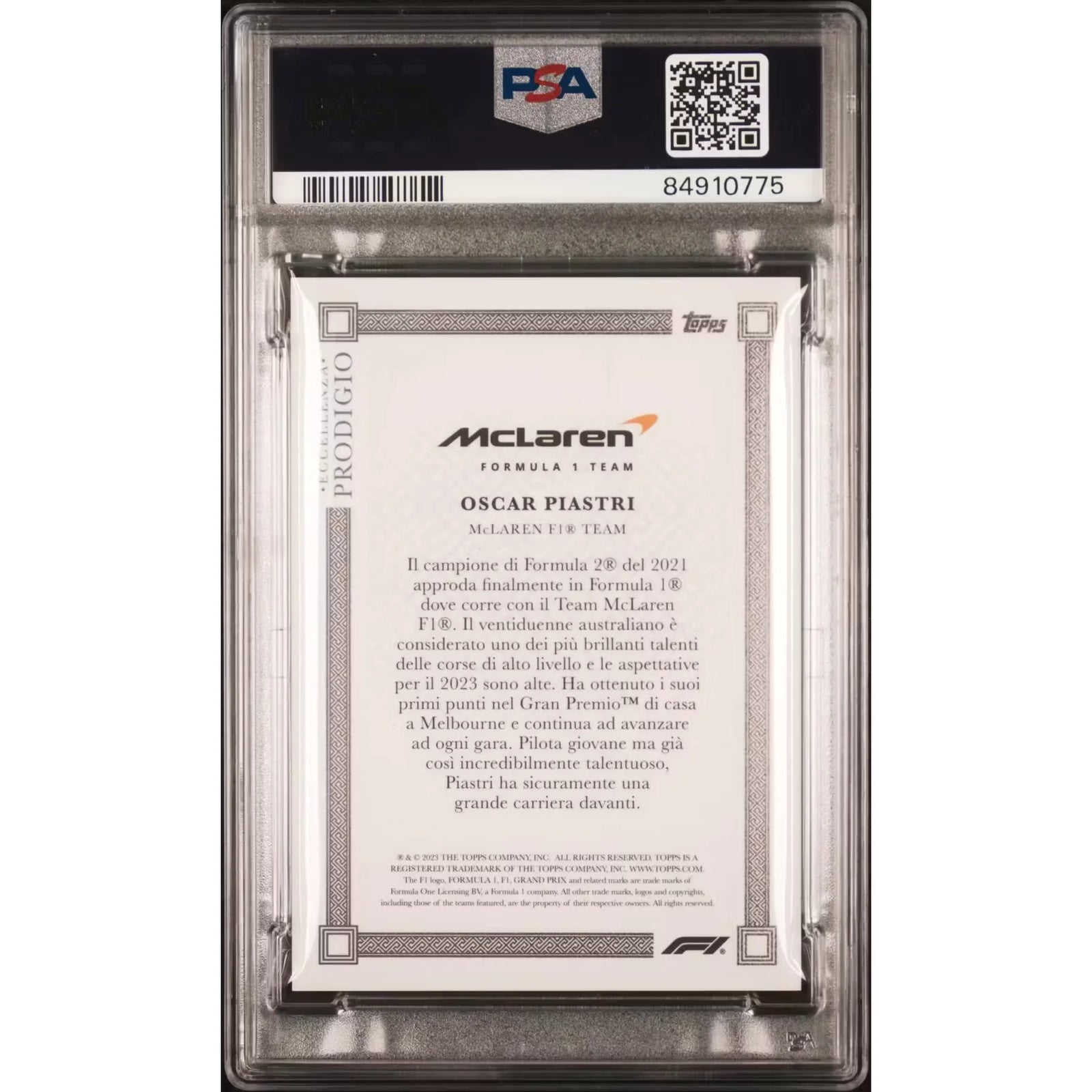 Oscar Piastri 2023 Topps Eccellenza F1 Prodigio Card | PSA 10