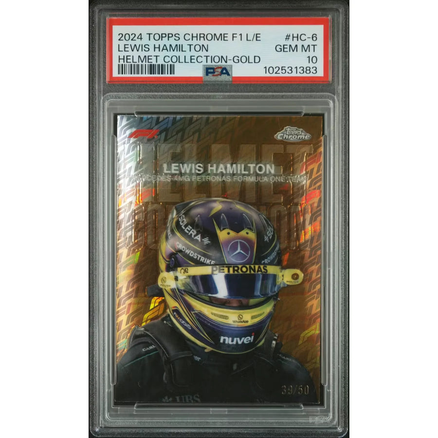 Lewis Hamilton 2024 Topps Chrome Logofractor Helmet Card | Gold/50 PSA 10