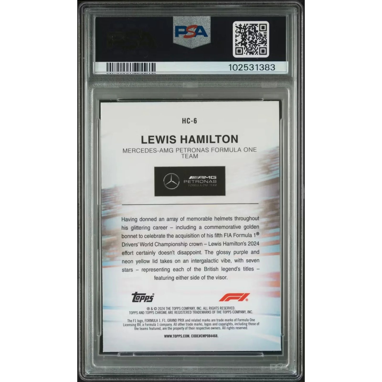 Lewis Hamilton 2024 Topps Chrome Logofractor Helmet Card | Gold/50 PSA 10