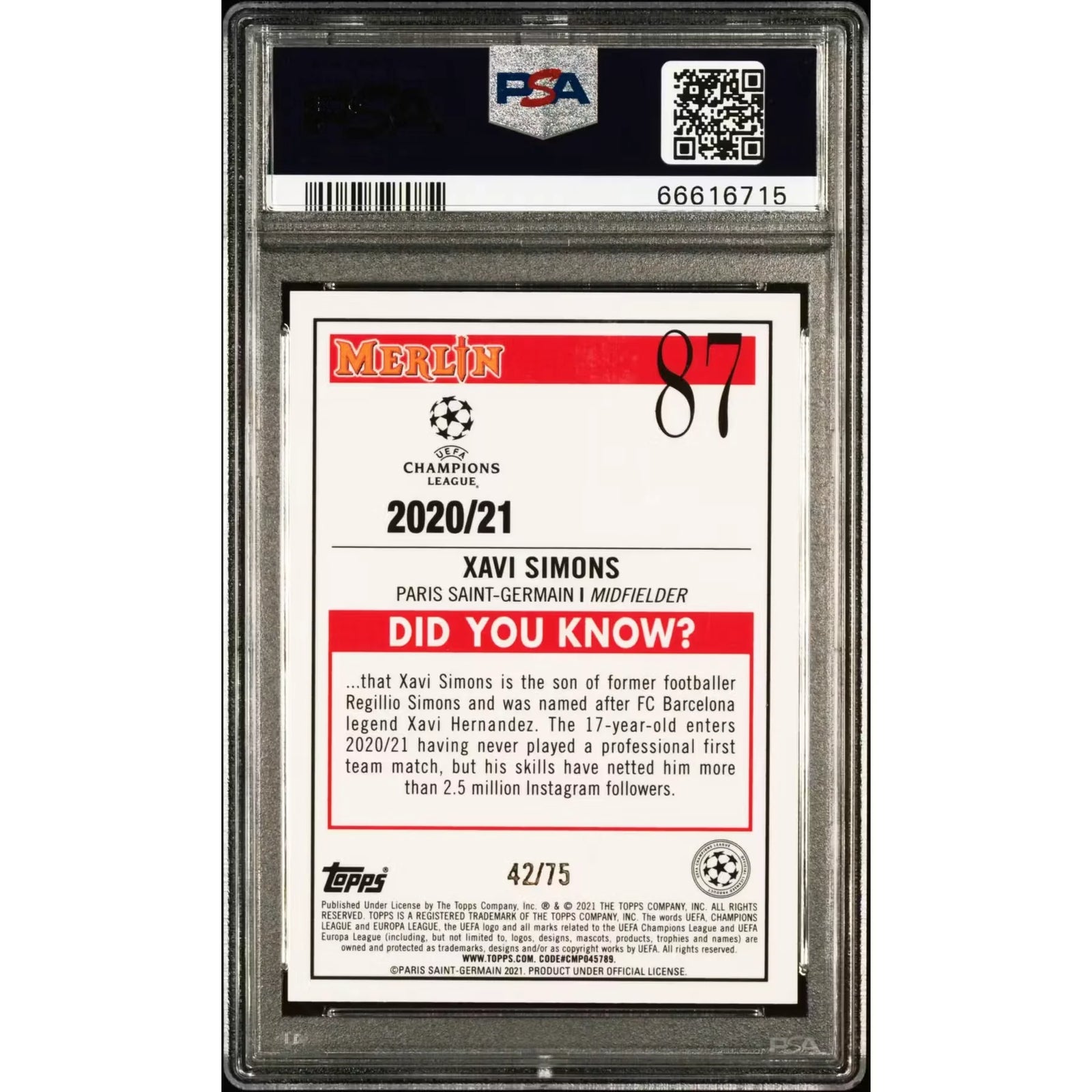 Xavi Simons 2020 Topps Merlin Chrome Blue Refractor Rookie Card | PSA 10