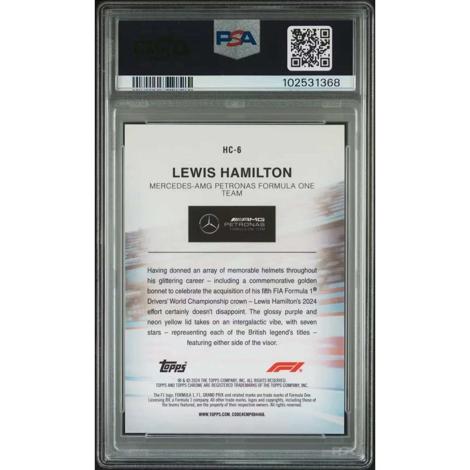 Lewis Hamilton 2024 Topps Chrome Logofractor Helmet Card | PSA 9 Orange