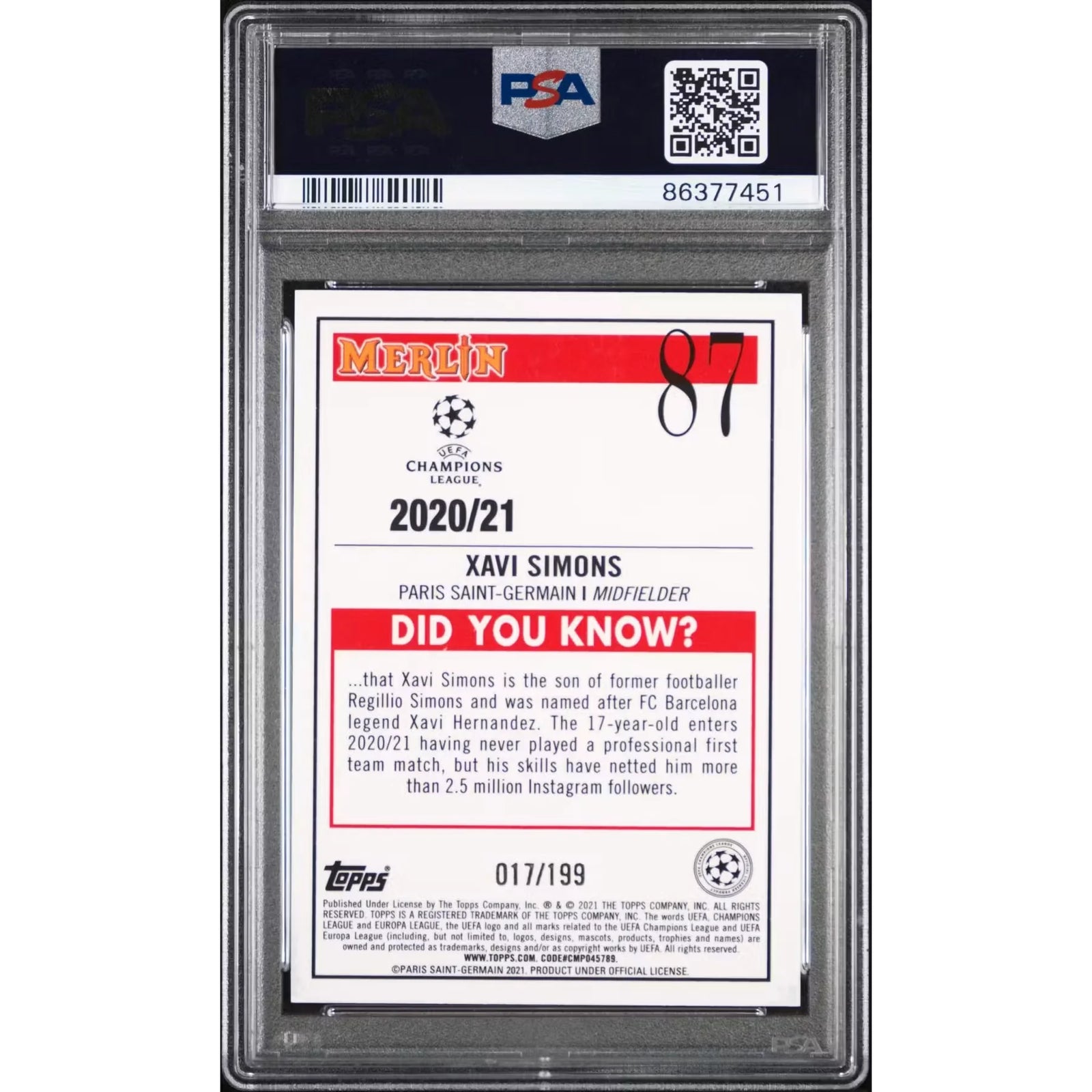 Xavi Simons 2020 Topps Merlin Chrome Aqua Refractor | PSA 10