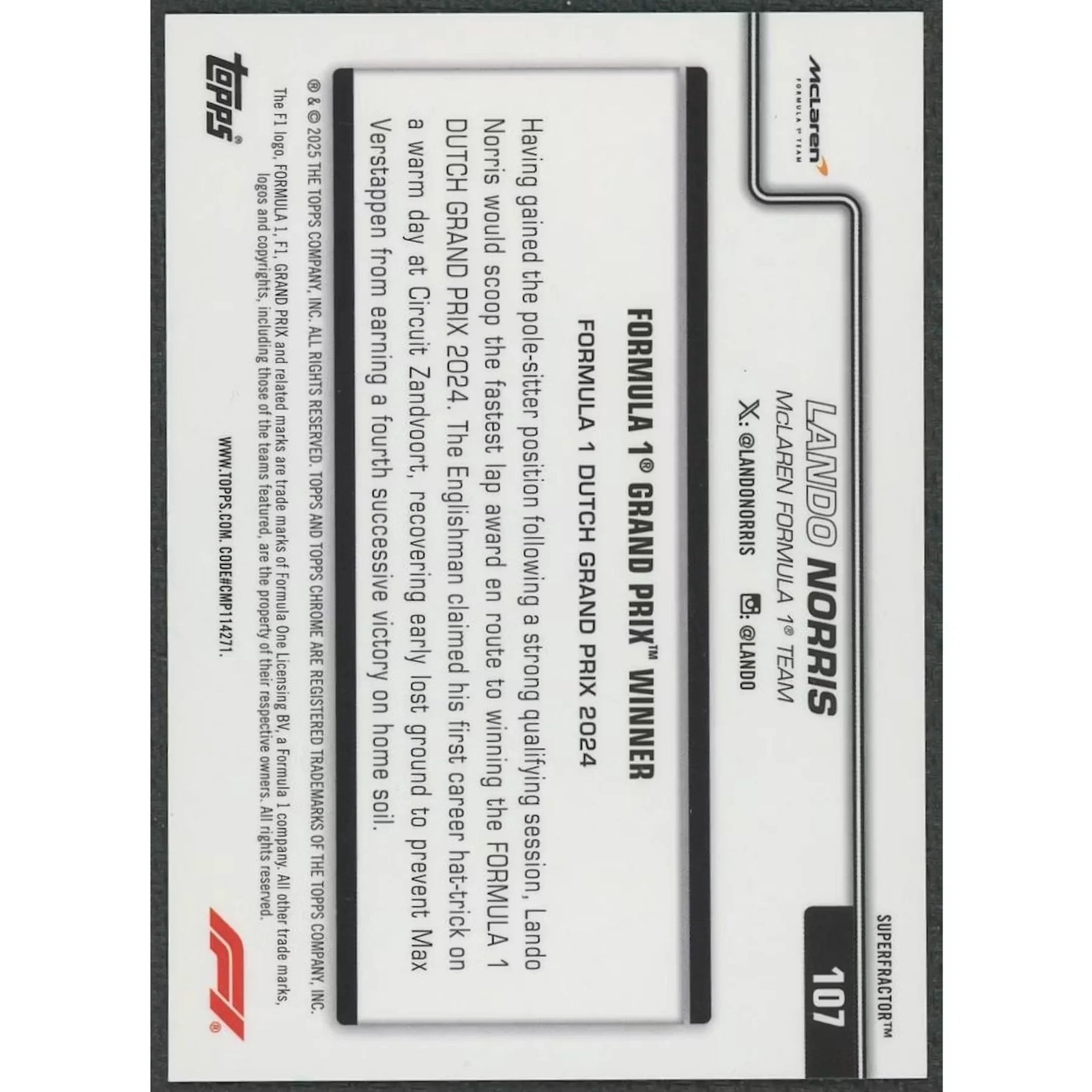 Lando Norris 2025 Topps Chrome #107 Superfractor | 1/1 Grand Prix Winner