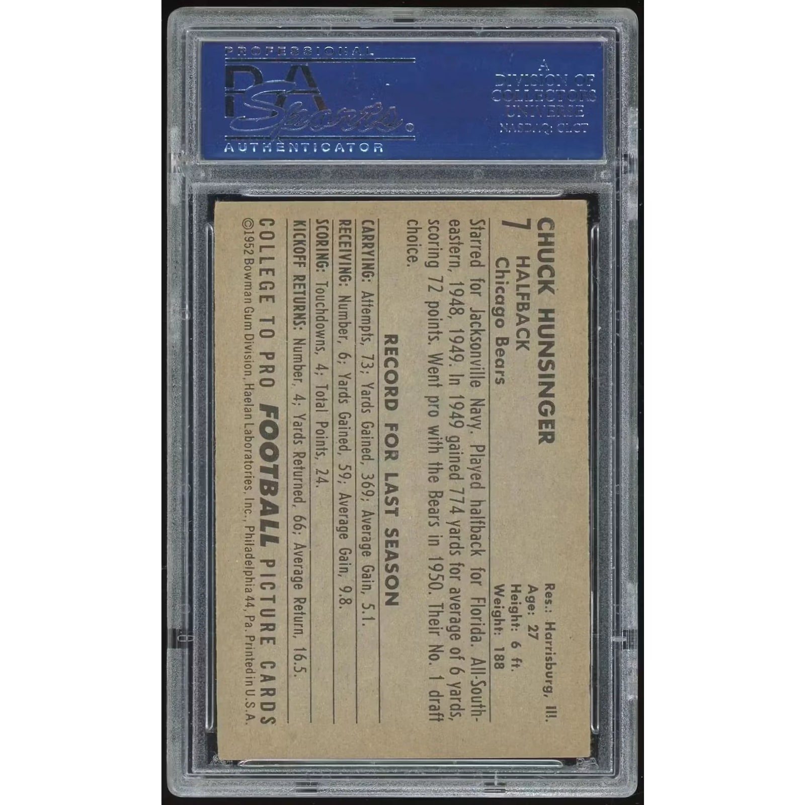 1952 Bowman Large #7 Chuck Hunsinger Card | PSA 6