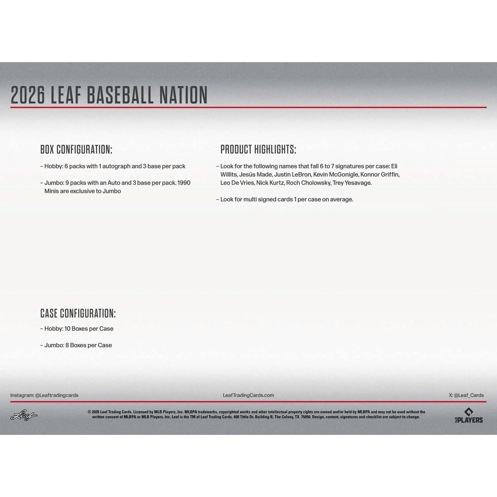 DRAFT - New 2026 Leaf Baseball Nation Hobby Jumbo Box
