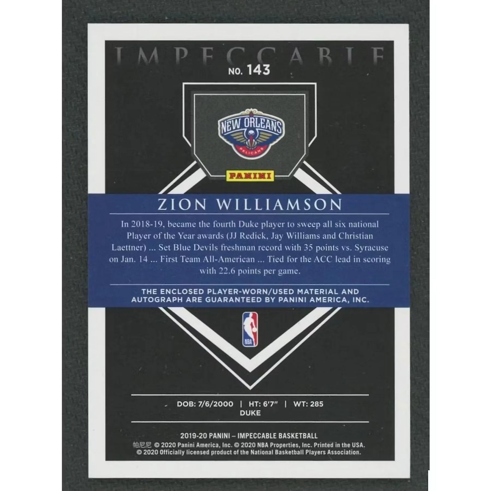 Zion Williamson Signed 2019-20 Panini Impeccable Elegance Rookie Patch Card |/25
