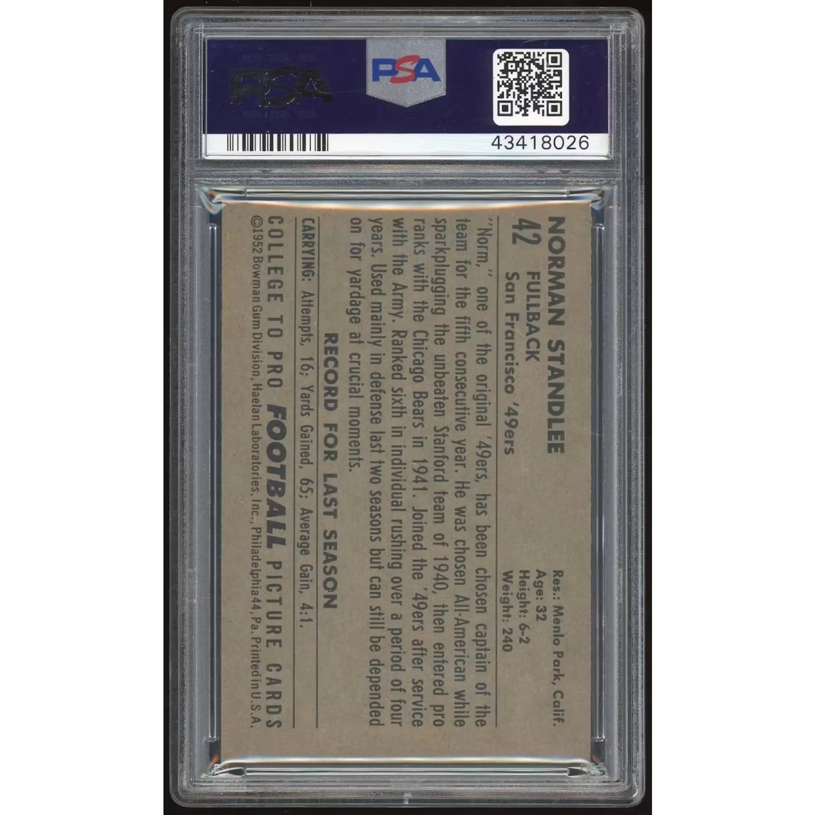 1952 Bowman Large #42 Norm Standlee | PSA 7