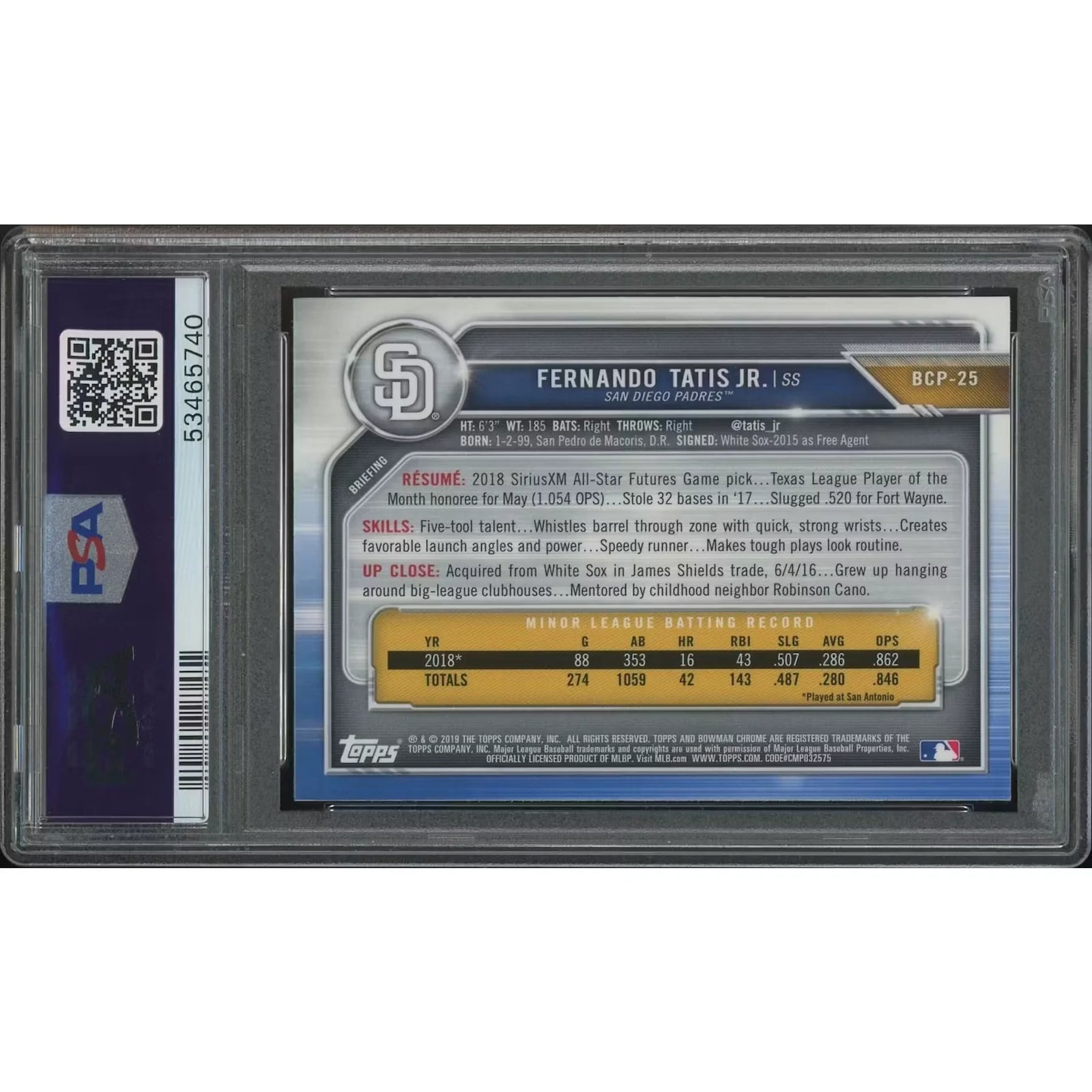 Fernando Tatis Jr. 2019 Bowman Chrome #25 Prospects Rookie | PSA 10