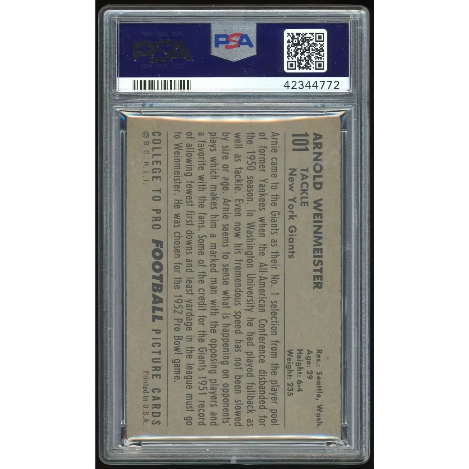 Arnie Weinmeister 1952 Bowman Large #101 Card | PSA 7
