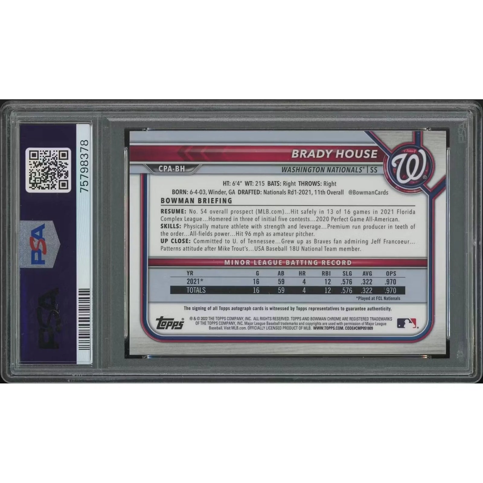 Brady House Signed 2022 Bowman Chrome Rookie Card | PSA 10 Gem Mint