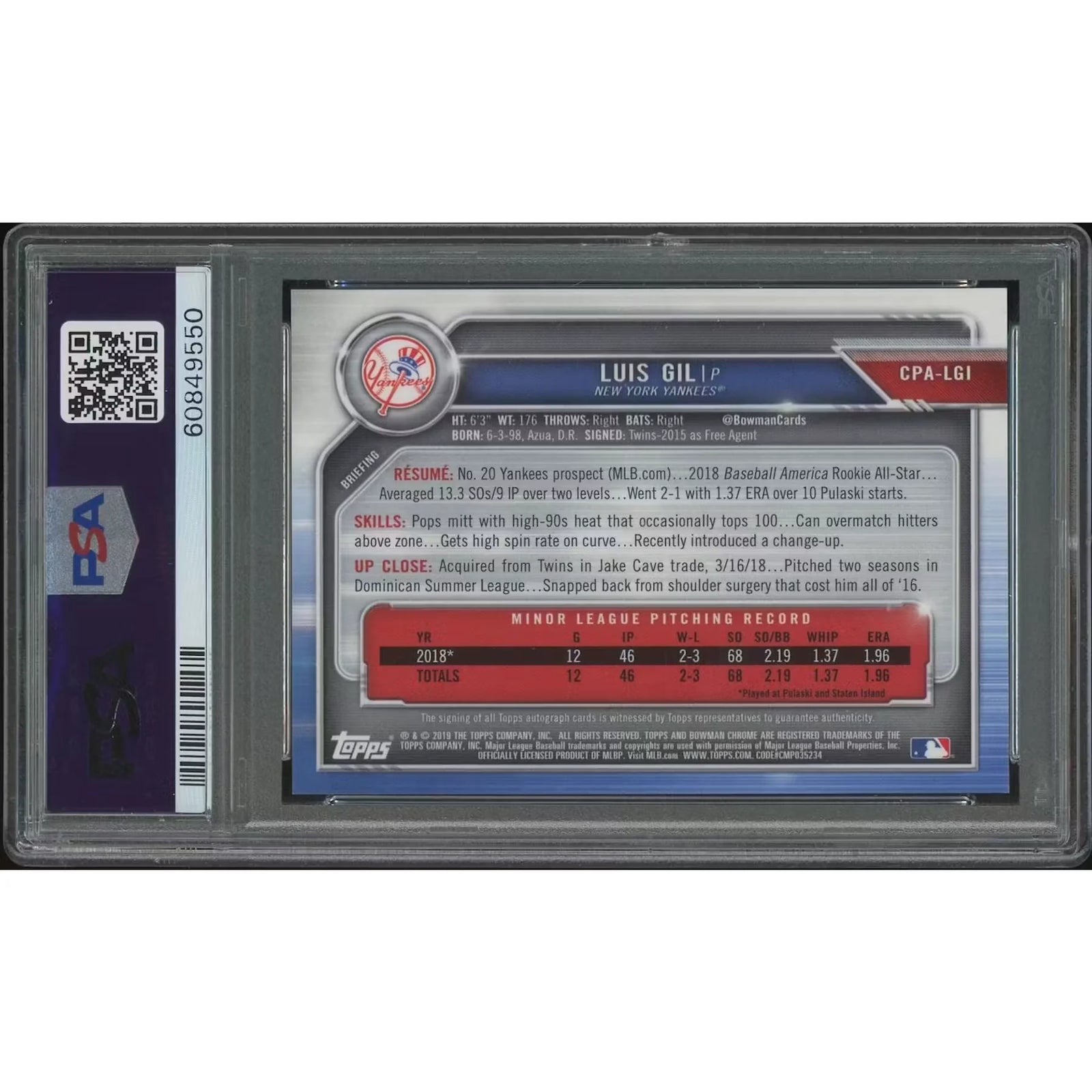 Luis Gil Signed 2019 Bowman Chrome Purple Refractor Rookie #140 Card | PSA 9