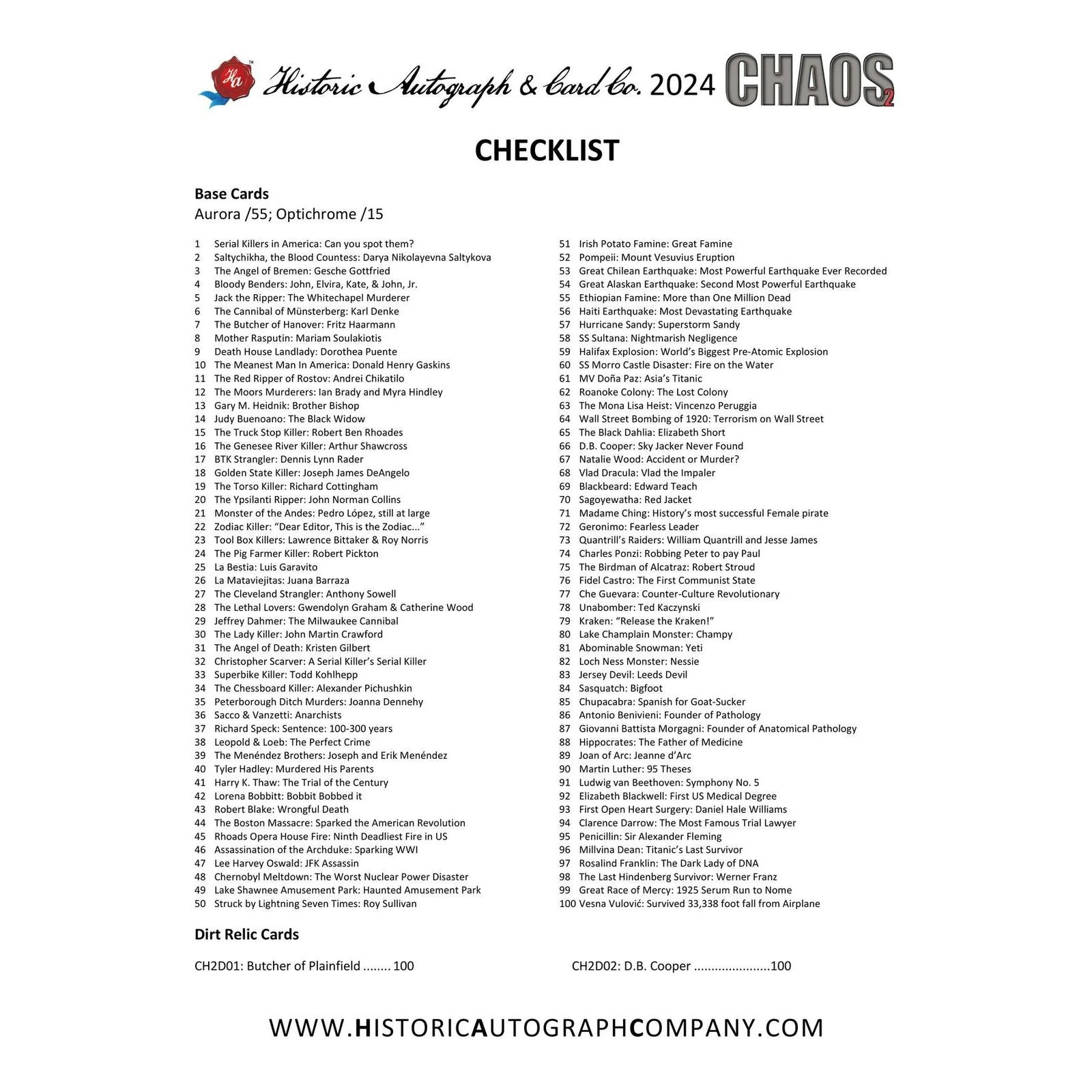 2024 Historic Autographs Chaos Series 2 Trading Cards Hobby Box (Ships Sealed Only) - D2