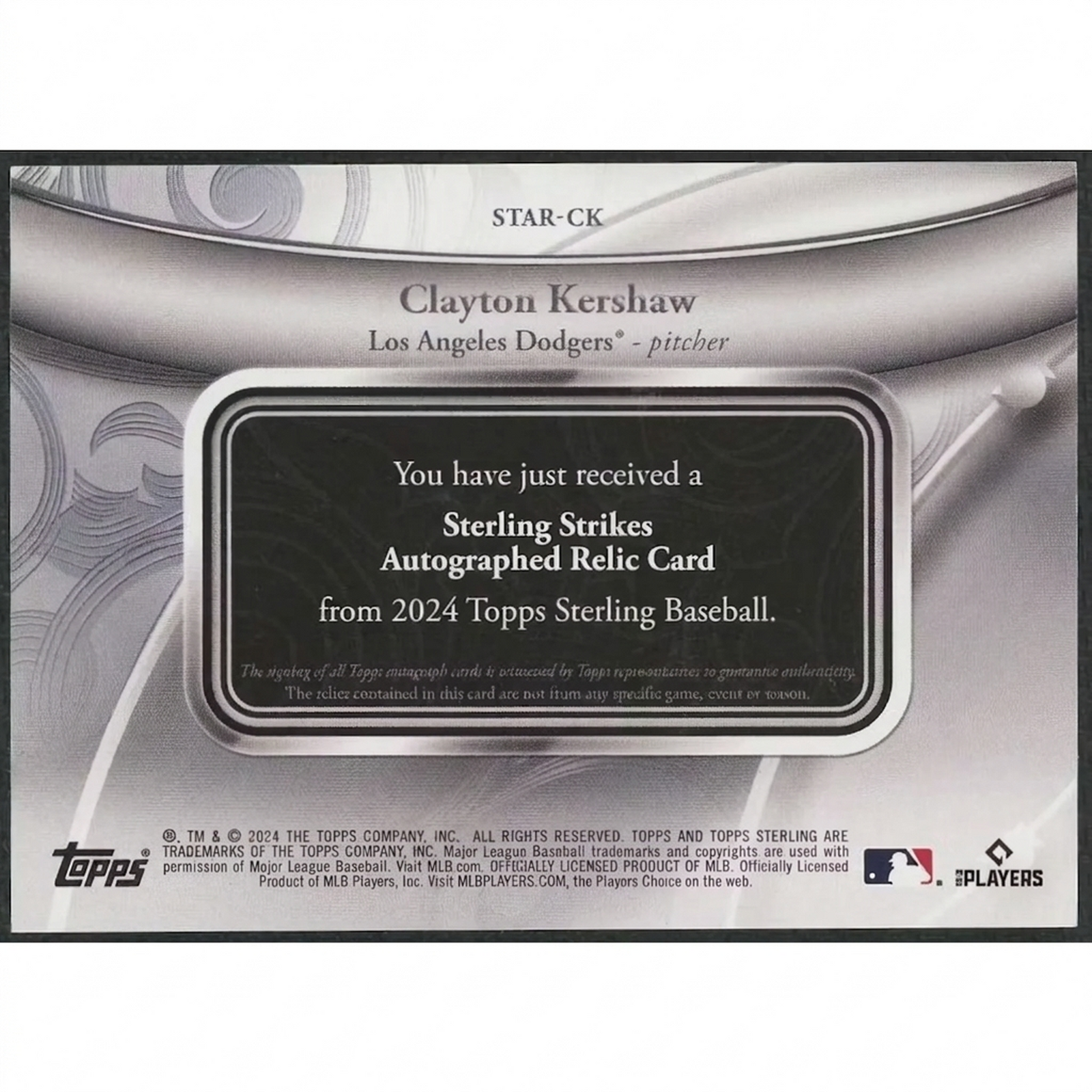 Clayton Kershaw Signed 2024 Topps Sterling Card | Sterling Strikes Patch Auto 1/1
