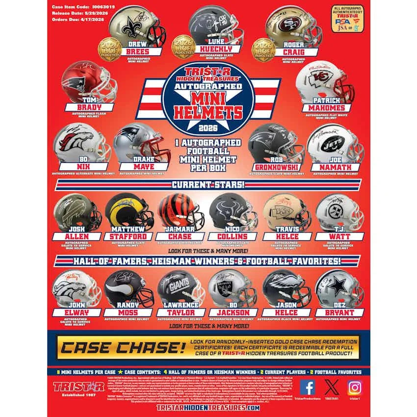 DRAFT - Presell 2026 Tristar Hidden Treasures Autographed Football Mini Helmet Hobby Box (Presell) Releases May. 29th, 2026