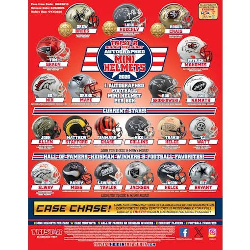 DRAFT - Presell 2026 Tristar Hidden Treasures Autographed Football Mini Helmet Hobby Box (Presell) Releases May. 29th, 2026