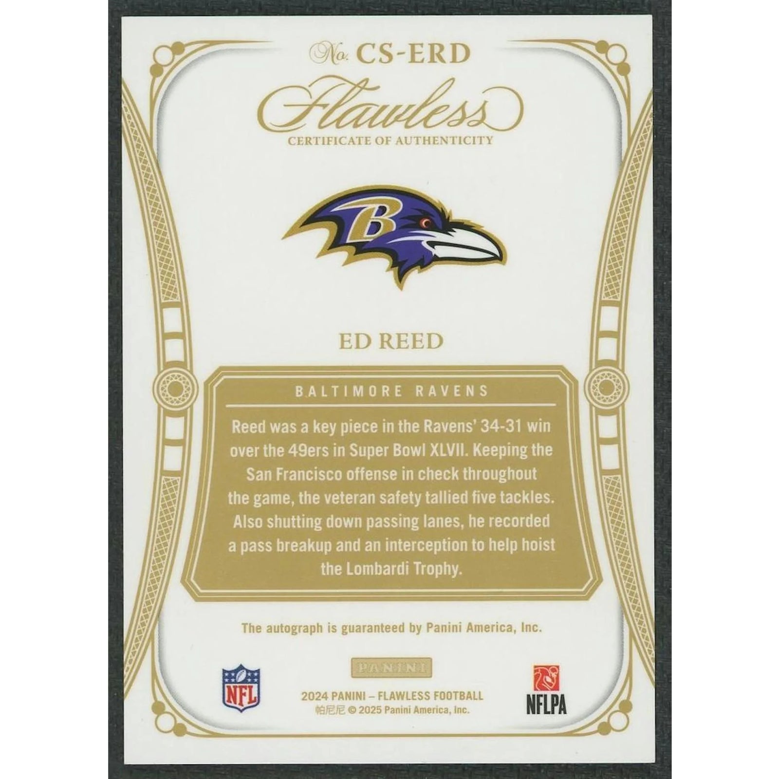 Ed Reed Signed 2024 Panini Flawless Card | Gold Auto/25