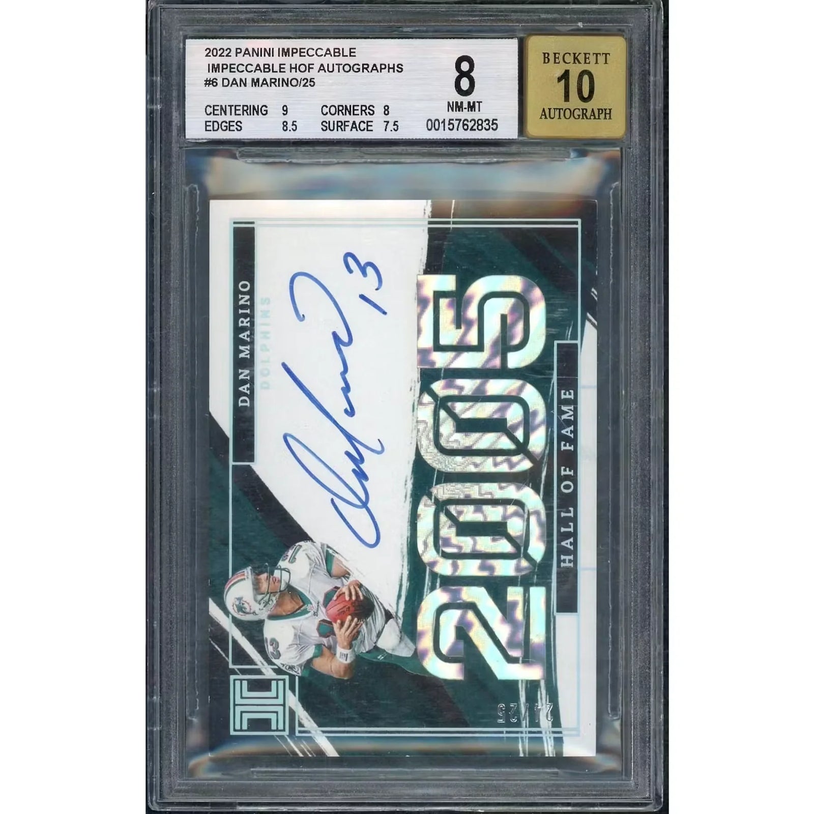 Dan Marino Signed 2022 Panini Impeccable Card | BGS 8 Auto 10