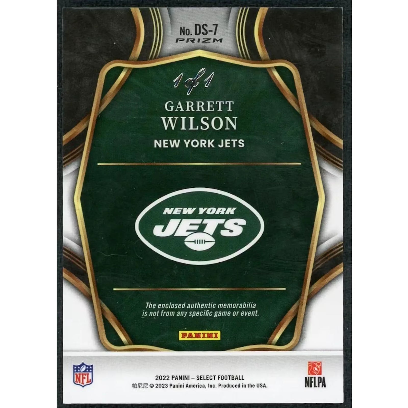 Garrett Wilson Signed 2022 Panini Select Draft Selections Rookie Patch | 1/1