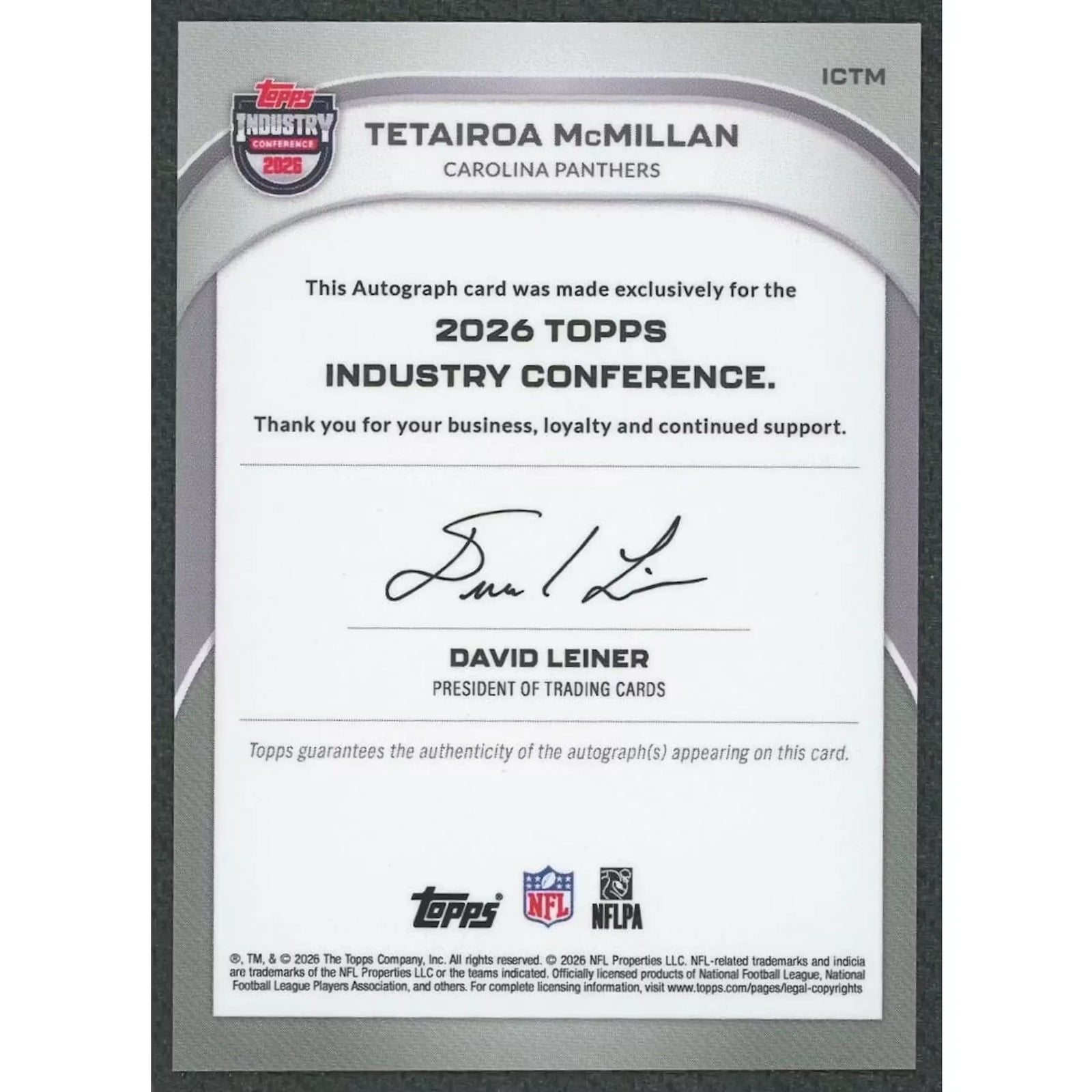 Tetairoa McMillan Signed 2026 Topps Industry Conference Card | Auto