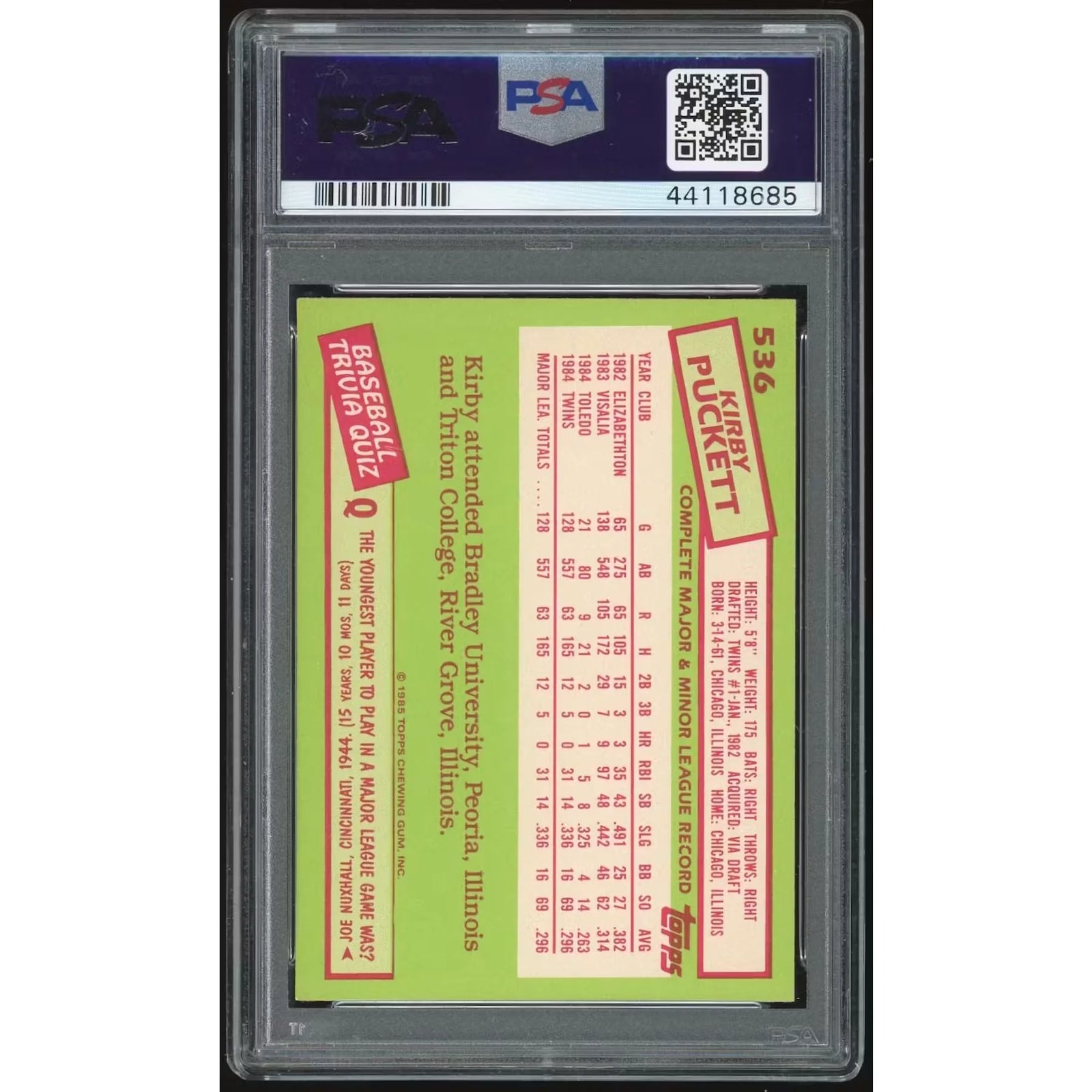 Kirby Puckett 1985 Topps Tiffany Rookie Card #536 | PSA 8