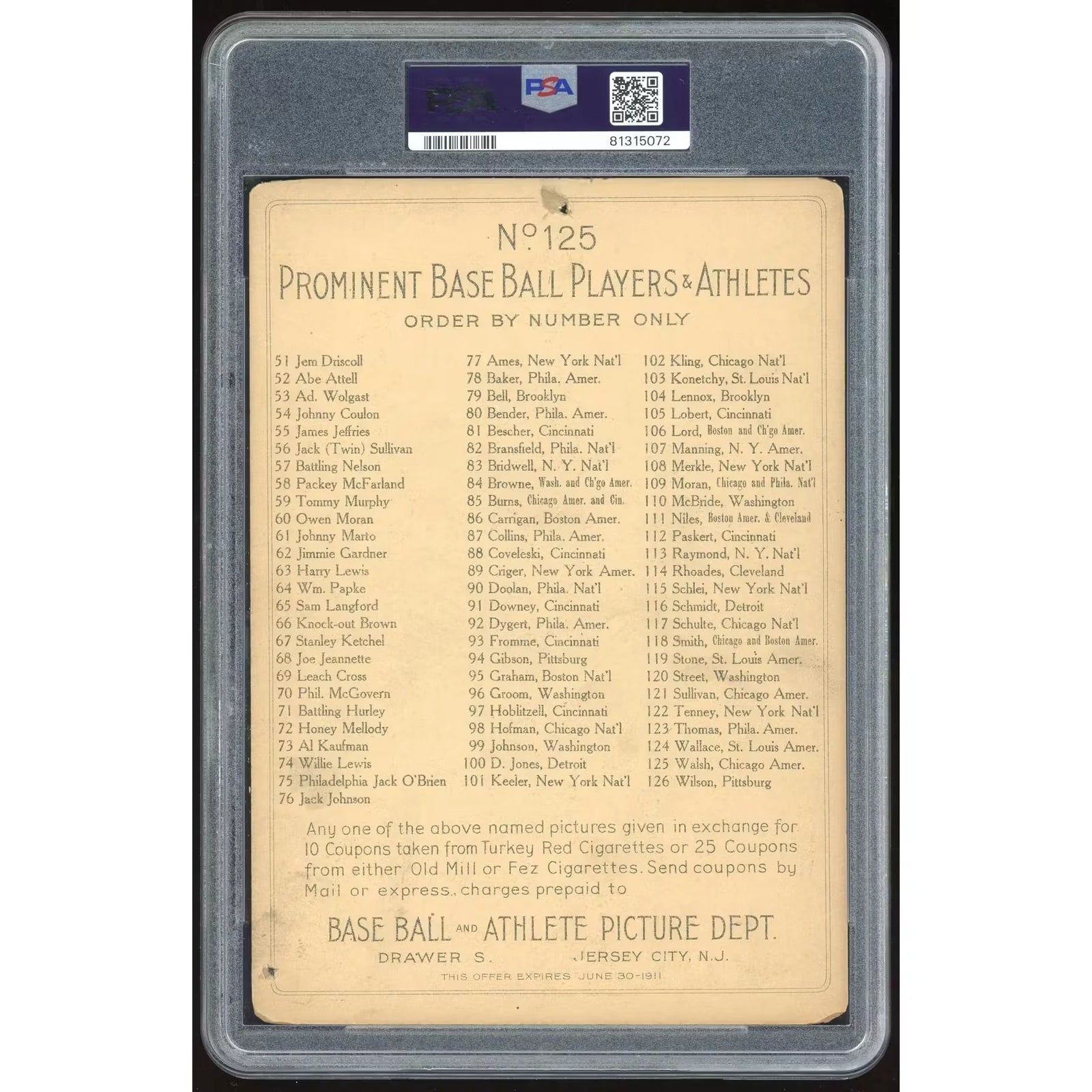 Ed Walsh 1911 T3 Turkey Red Cabinets #125 | PSA 1 Checklist Back