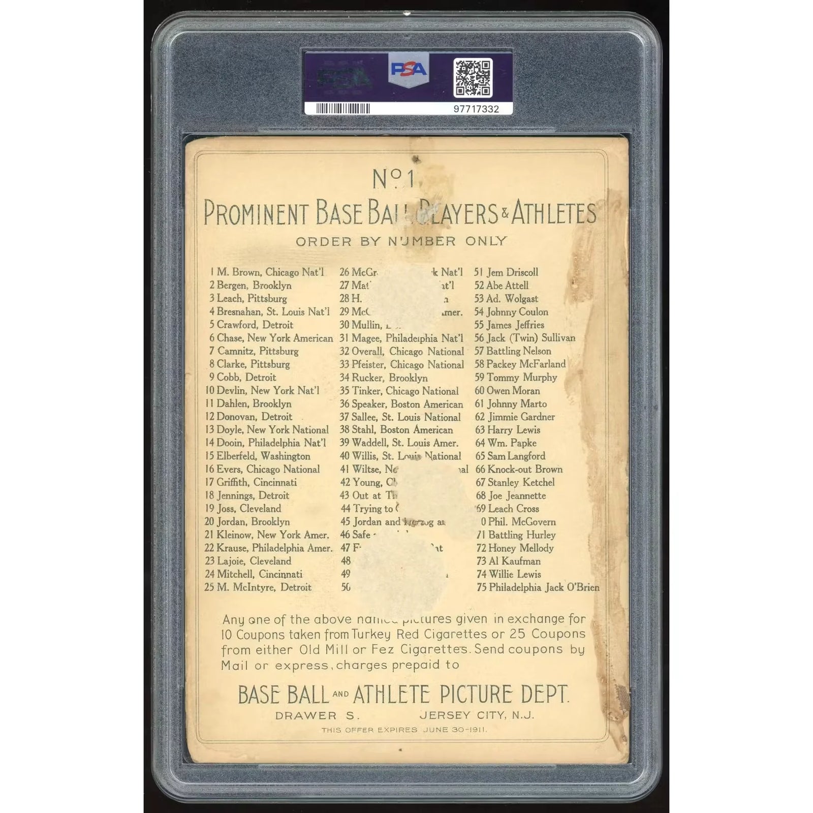 Mordecai Brown 1911 T3 Turkey Red Cabinet #1 Card | PSA 1