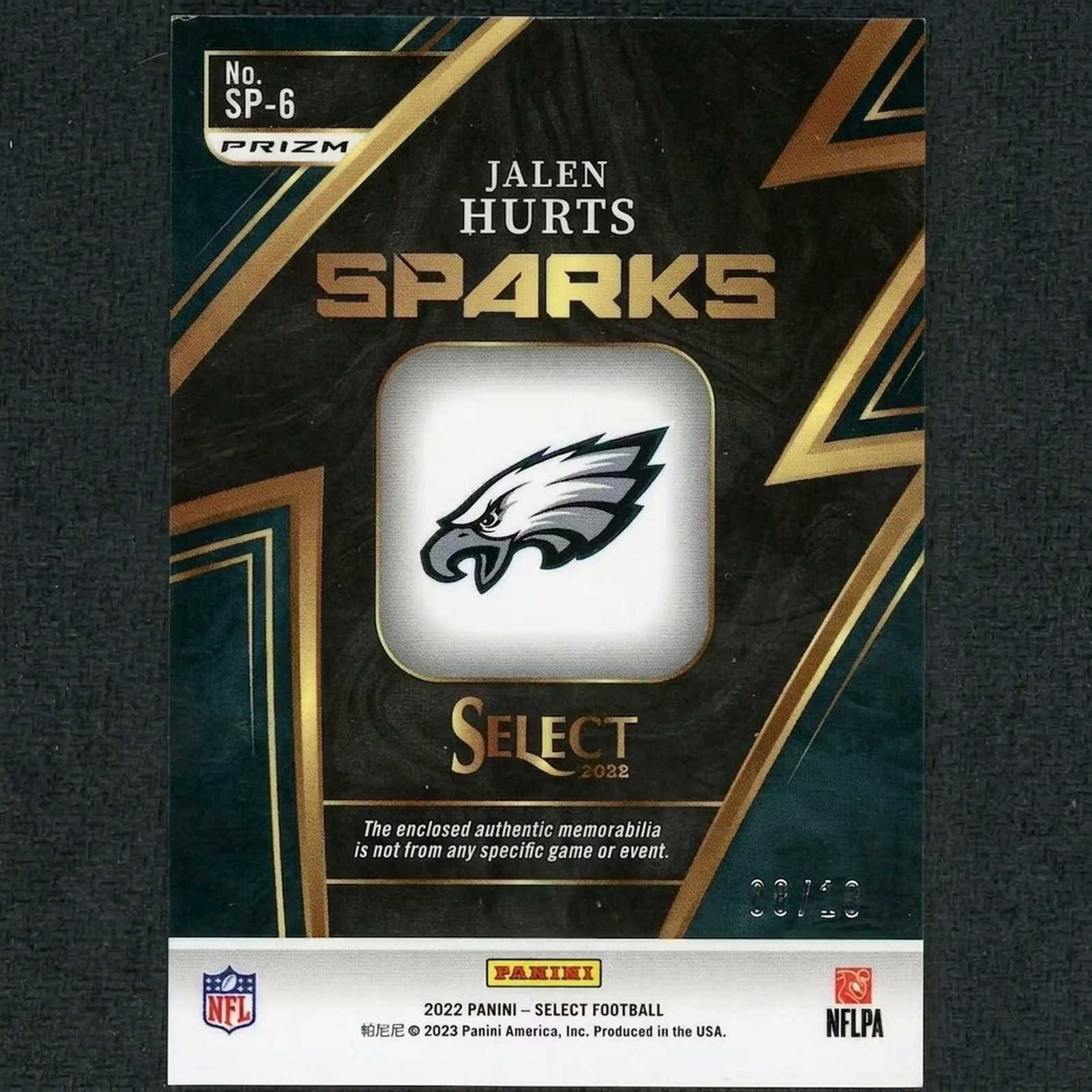 Jalen Hurts 2022 Panini Select Sparks Patch Gold |/10