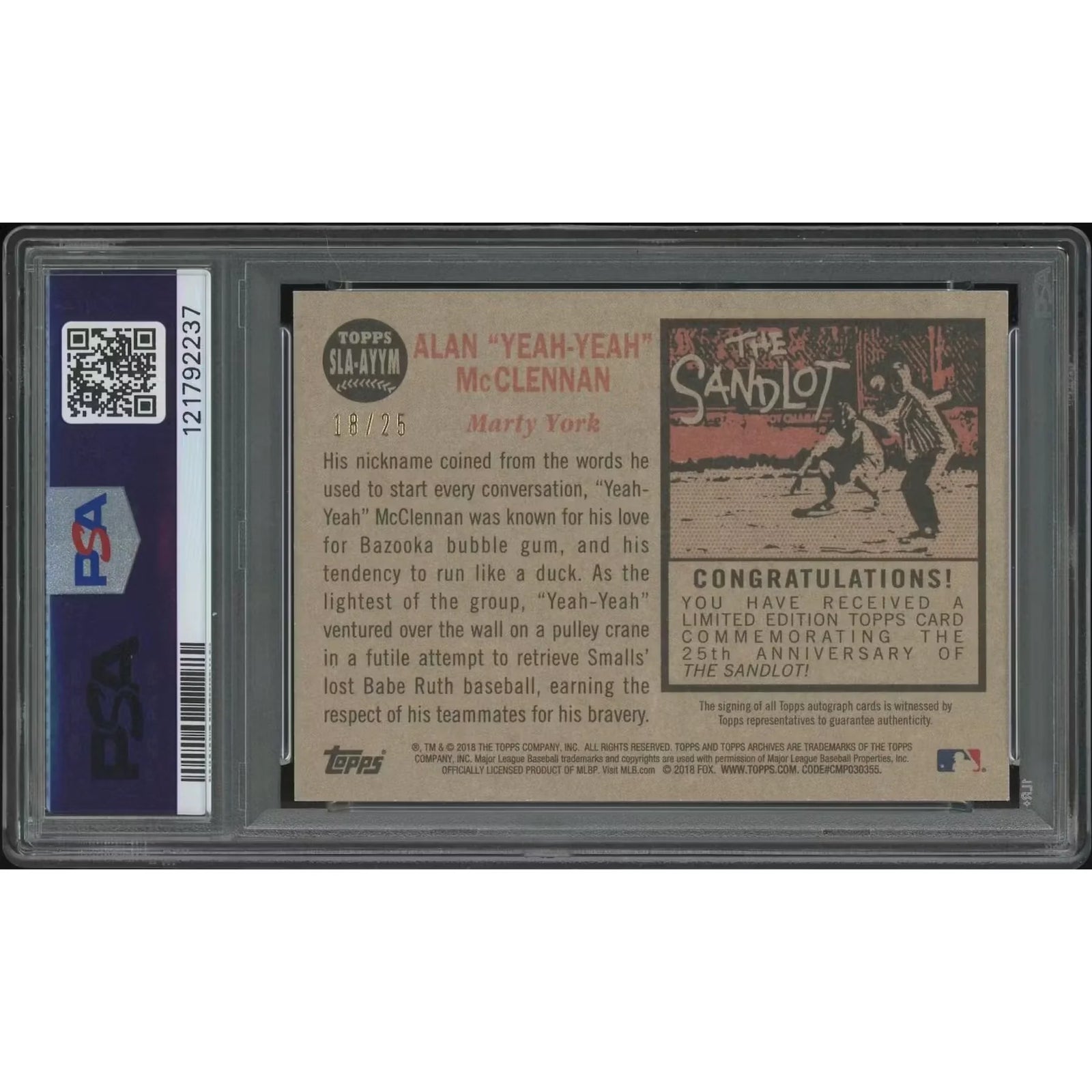 Marty York Signed The Sandlot #18 Card | 2018 Topps Archives PSA 8