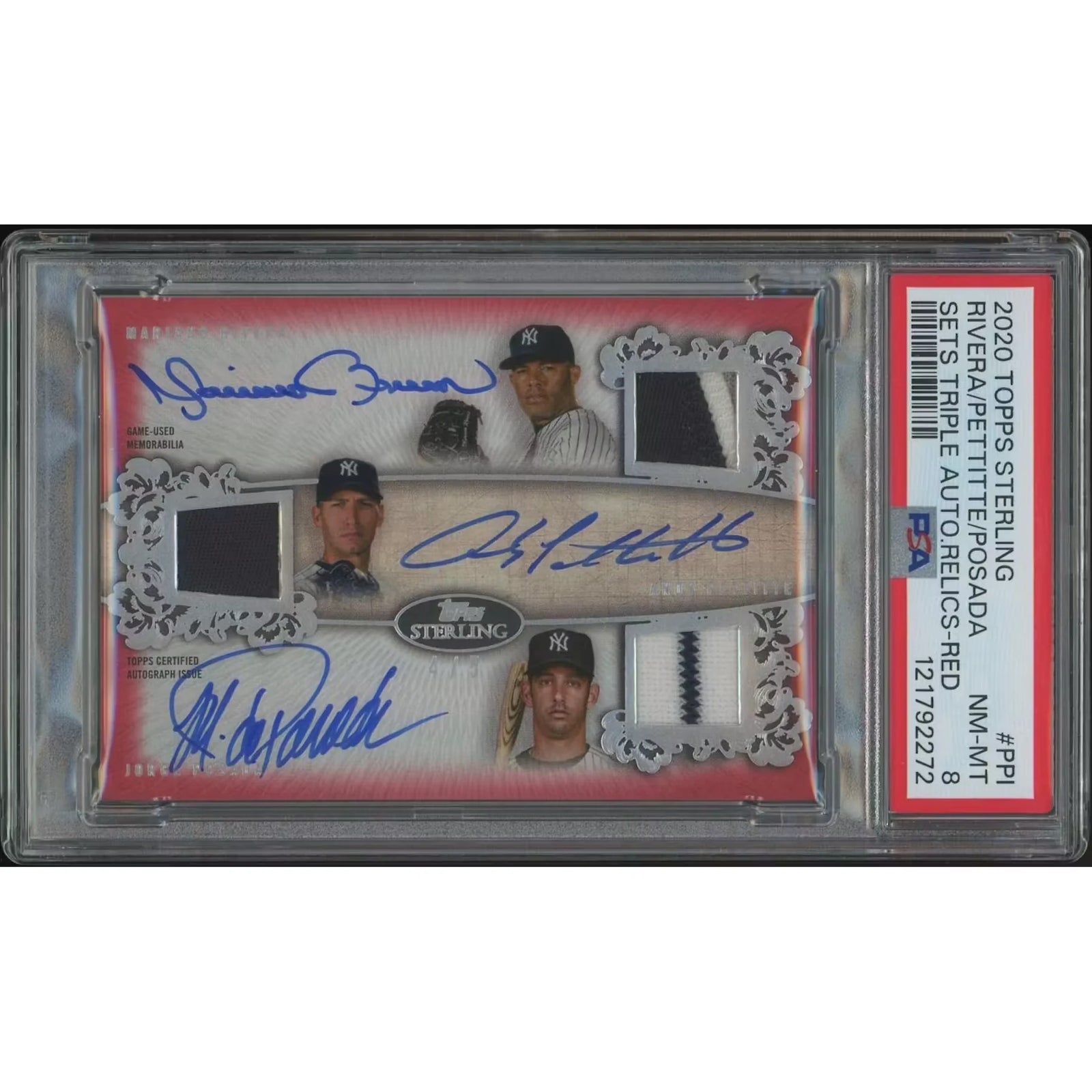 Andy Pettitte Jorge Posada Mariano Rivera Signed 2020 Topps Sterling #4 Card | PSA 8