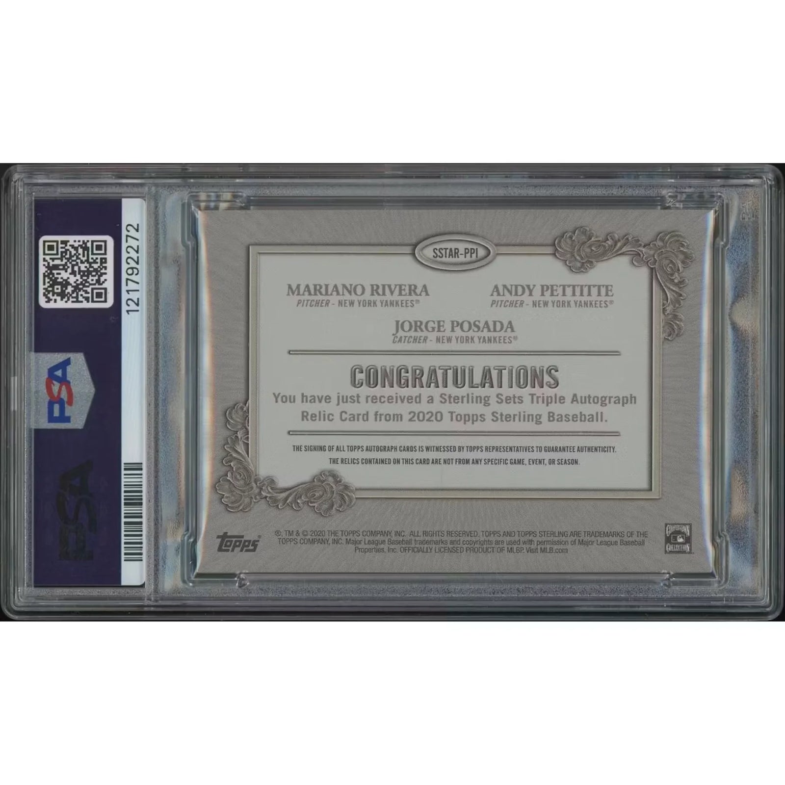 Andy Pettitte Jorge Posada Mariano Rivera Signed 2020 Topps Sterling #4 Card | PSA 8