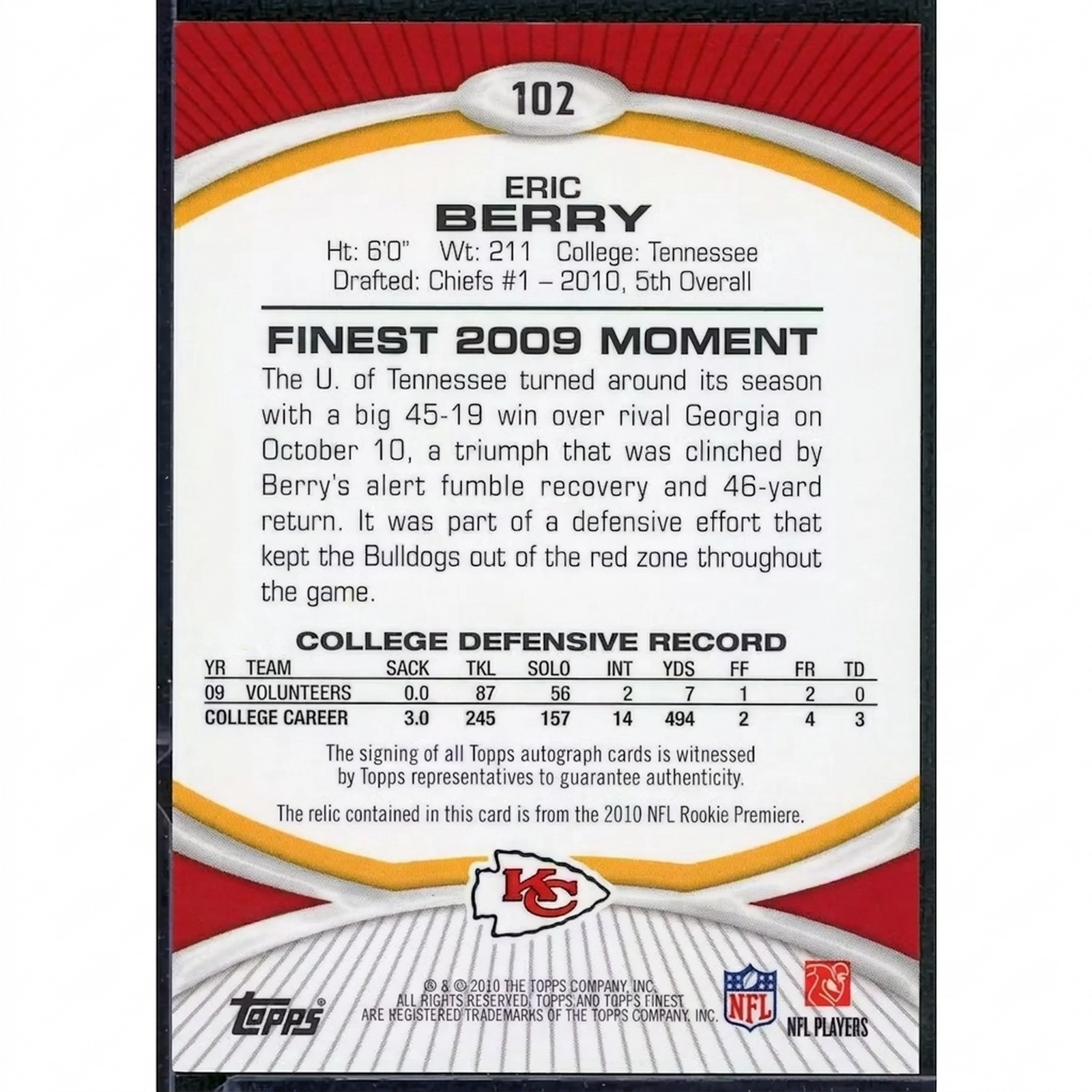 Eric Berry Signed 2010 Topps Finest Rookie Patch Auto |/150