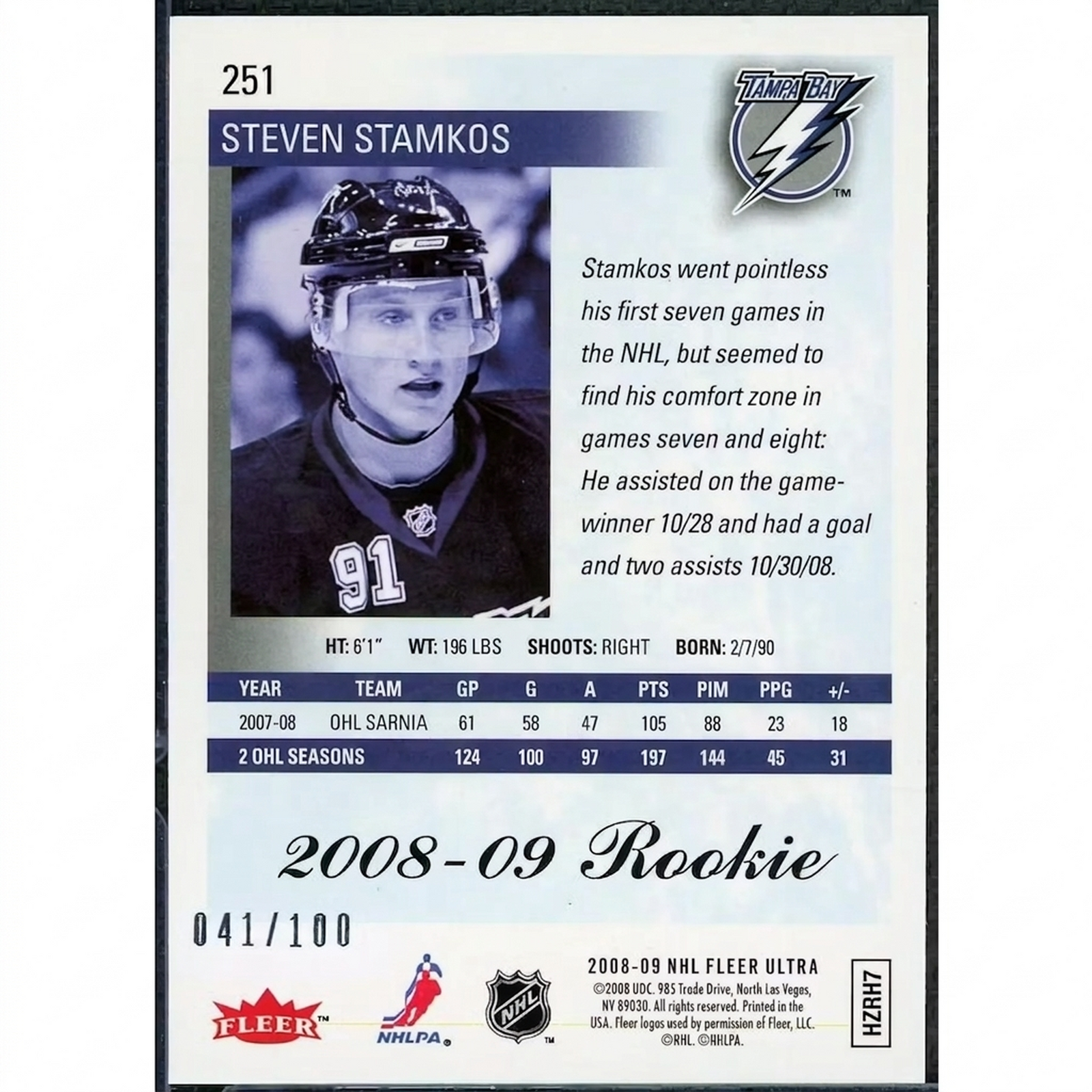 Steven Stamkos 2008-09 Fleer Ultra Ice Medallion | 41/100