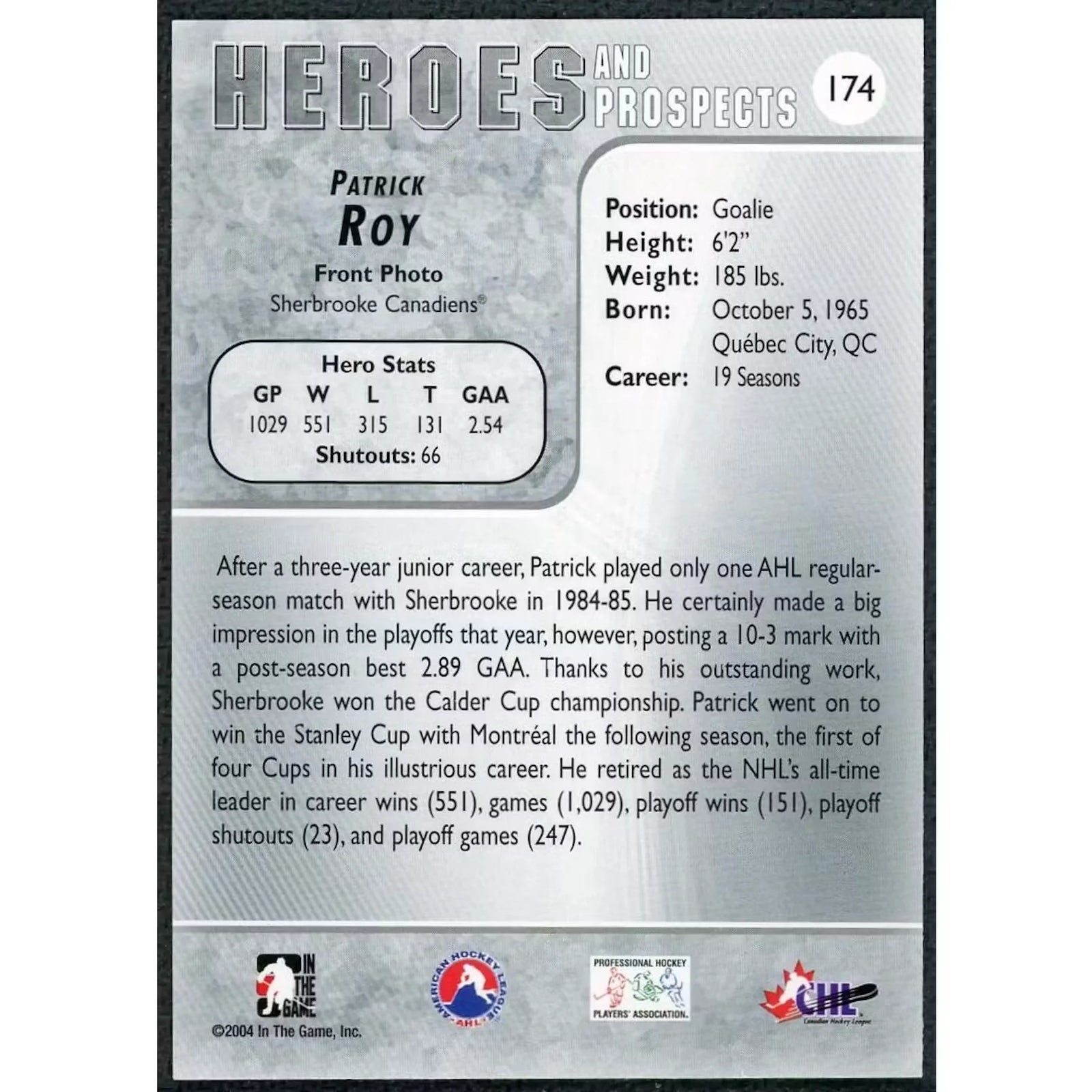 Patrick Roy 2004 In the Game Heroes and Prospects | 1/1 Fall Expo
