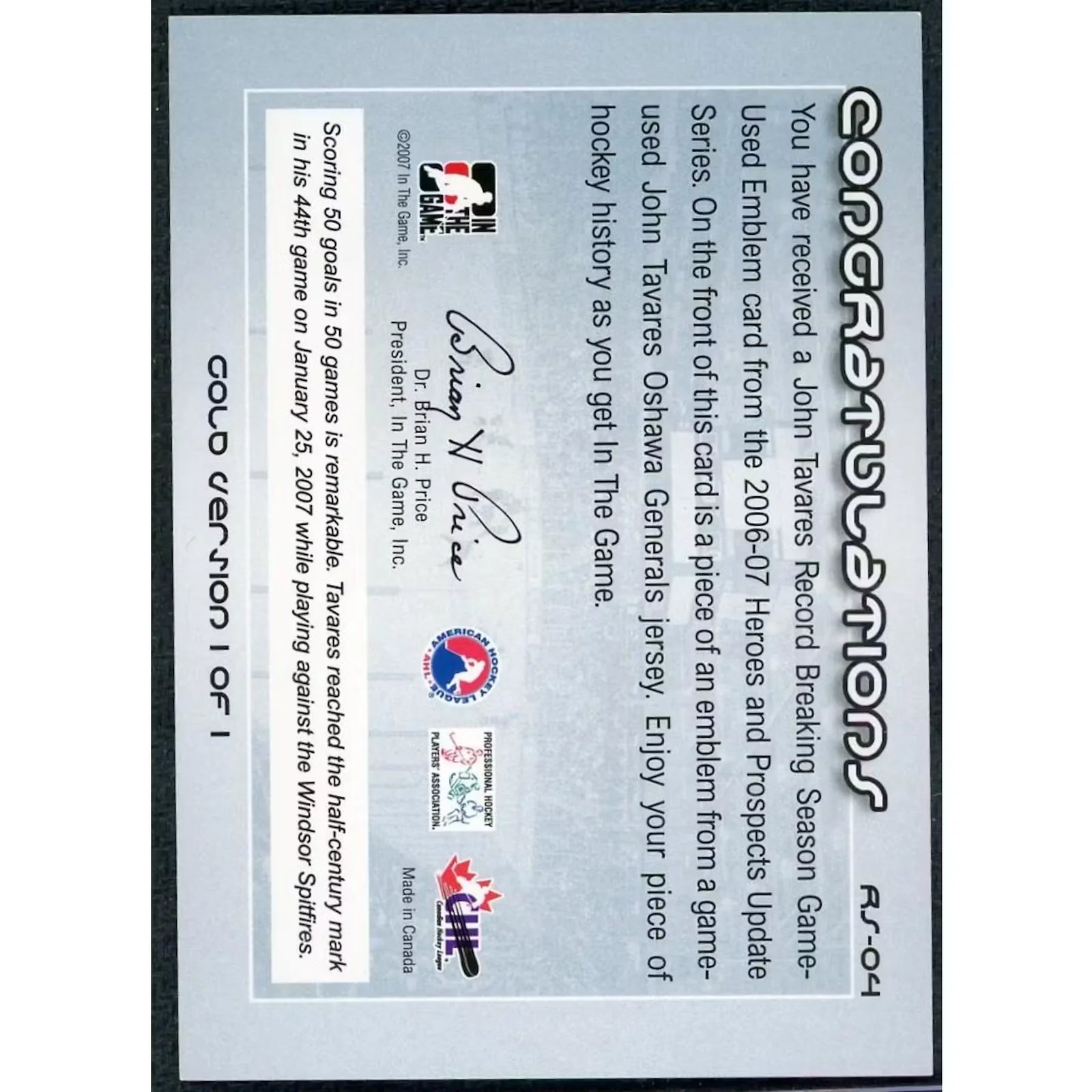 John Tavares Signed 2007 In The Game Patch Card | 1/1 RS-04
