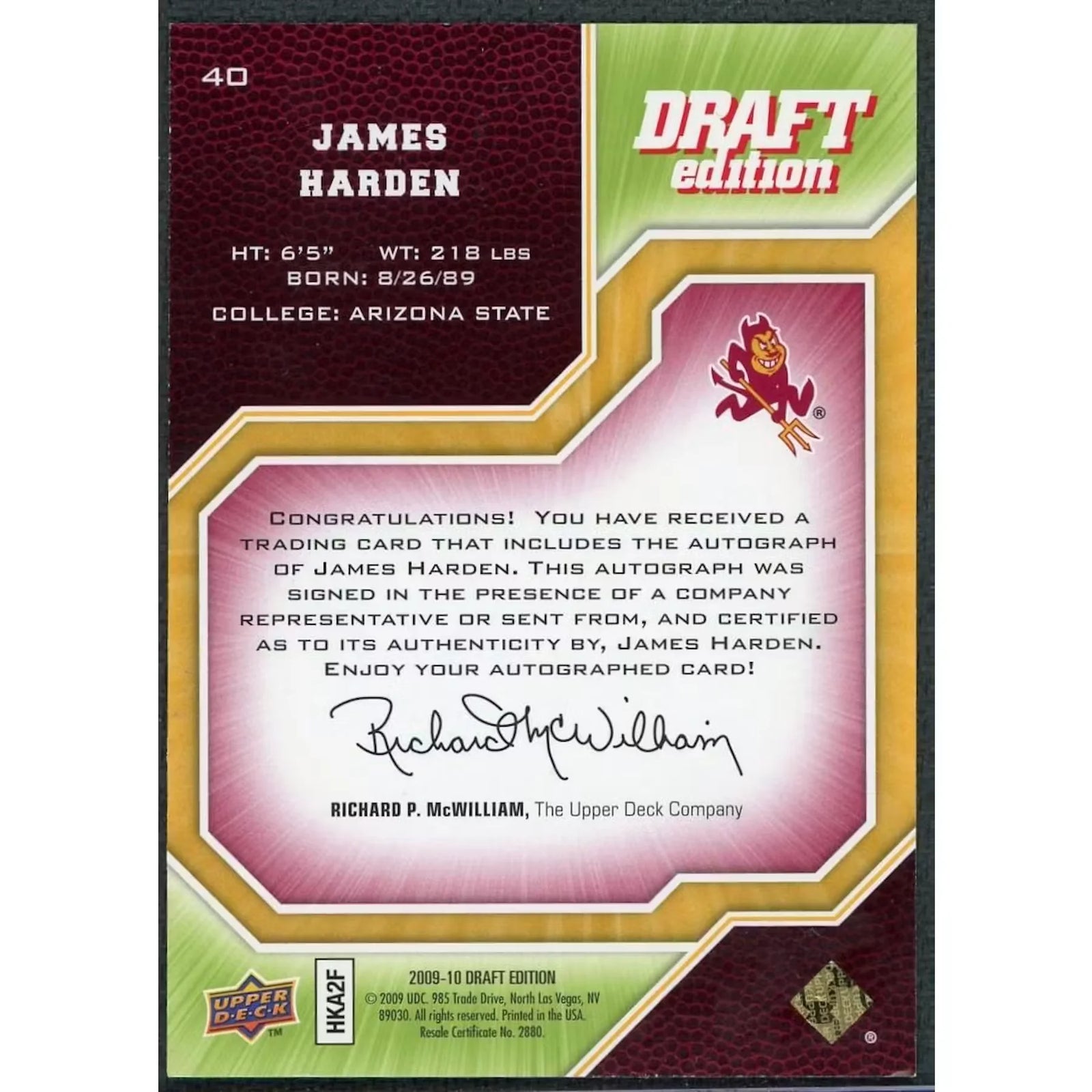 James Harden Signed 2009-10 UD Draft Rookie Card |/249