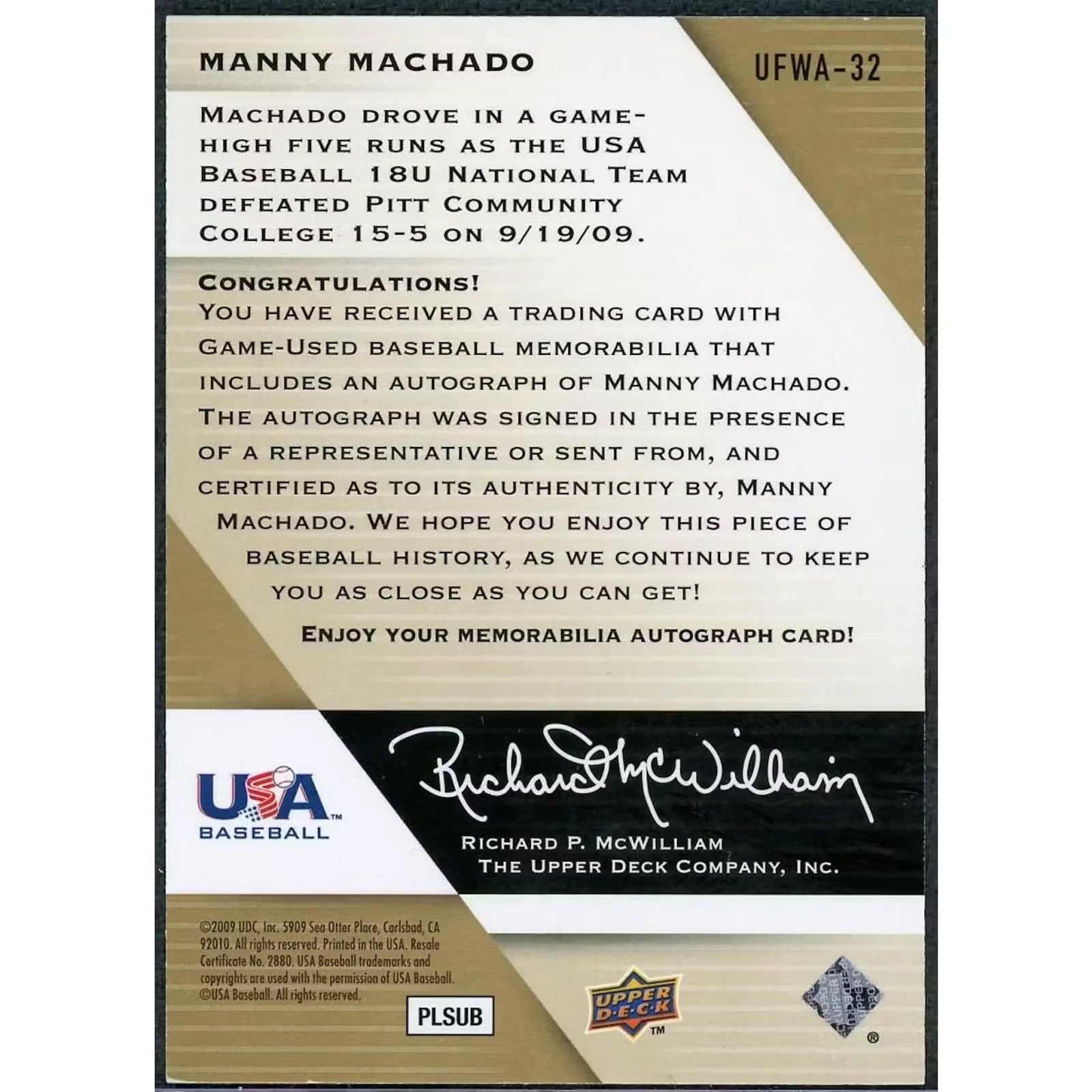 Manny Machado Signed 2009 Upper Deck USA Future Watch Patch Card |/899